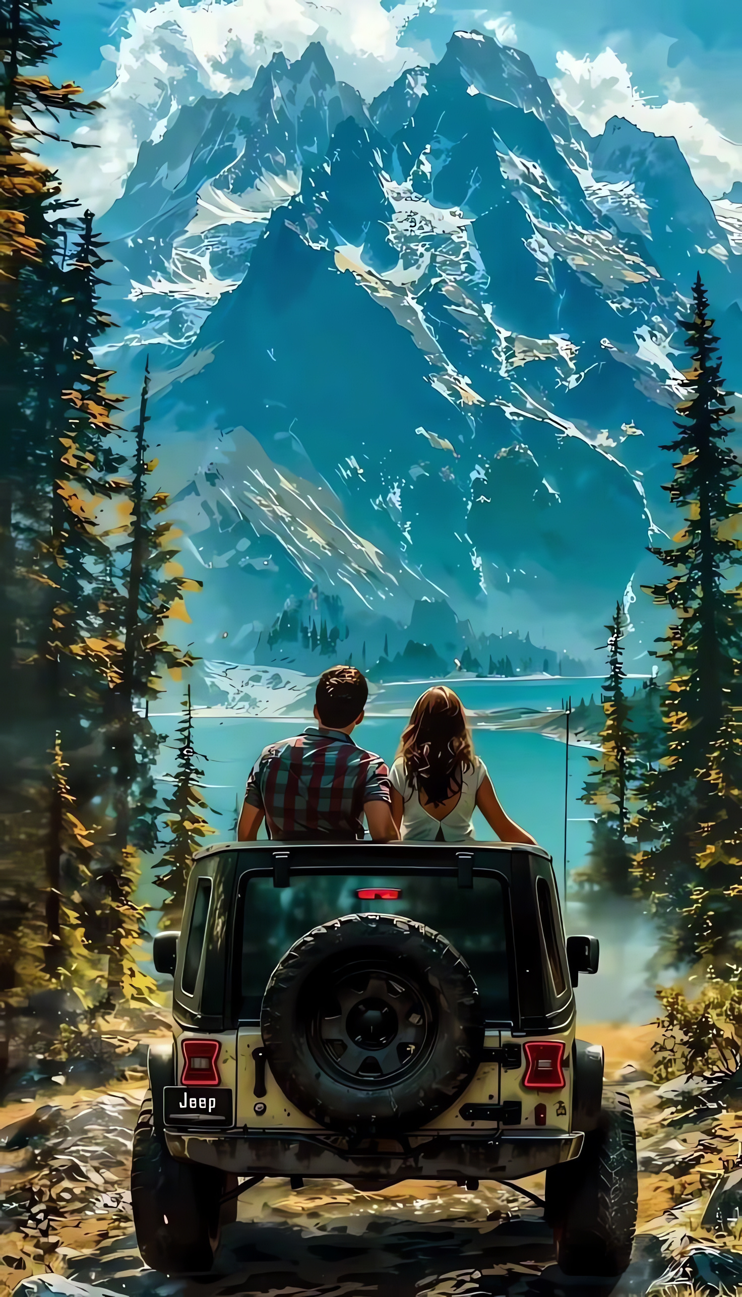 Romantic Date, Mountain Landscape, Forest, Lake View, Jeep, HD, AI