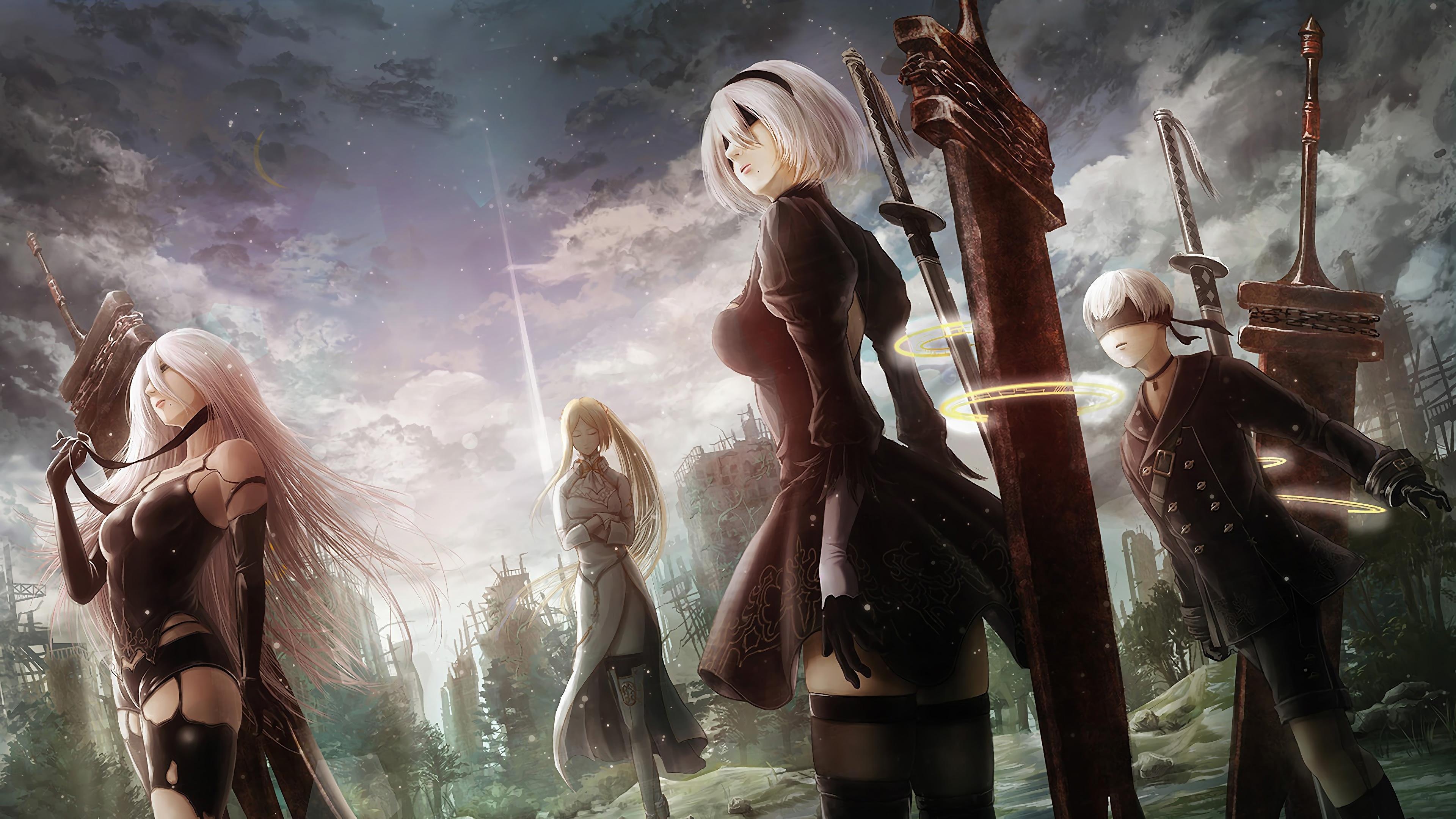 2B, 9S, A2, YoRHa Commander, NieR: Automata City Ruins, 4K Desktop wallpaper