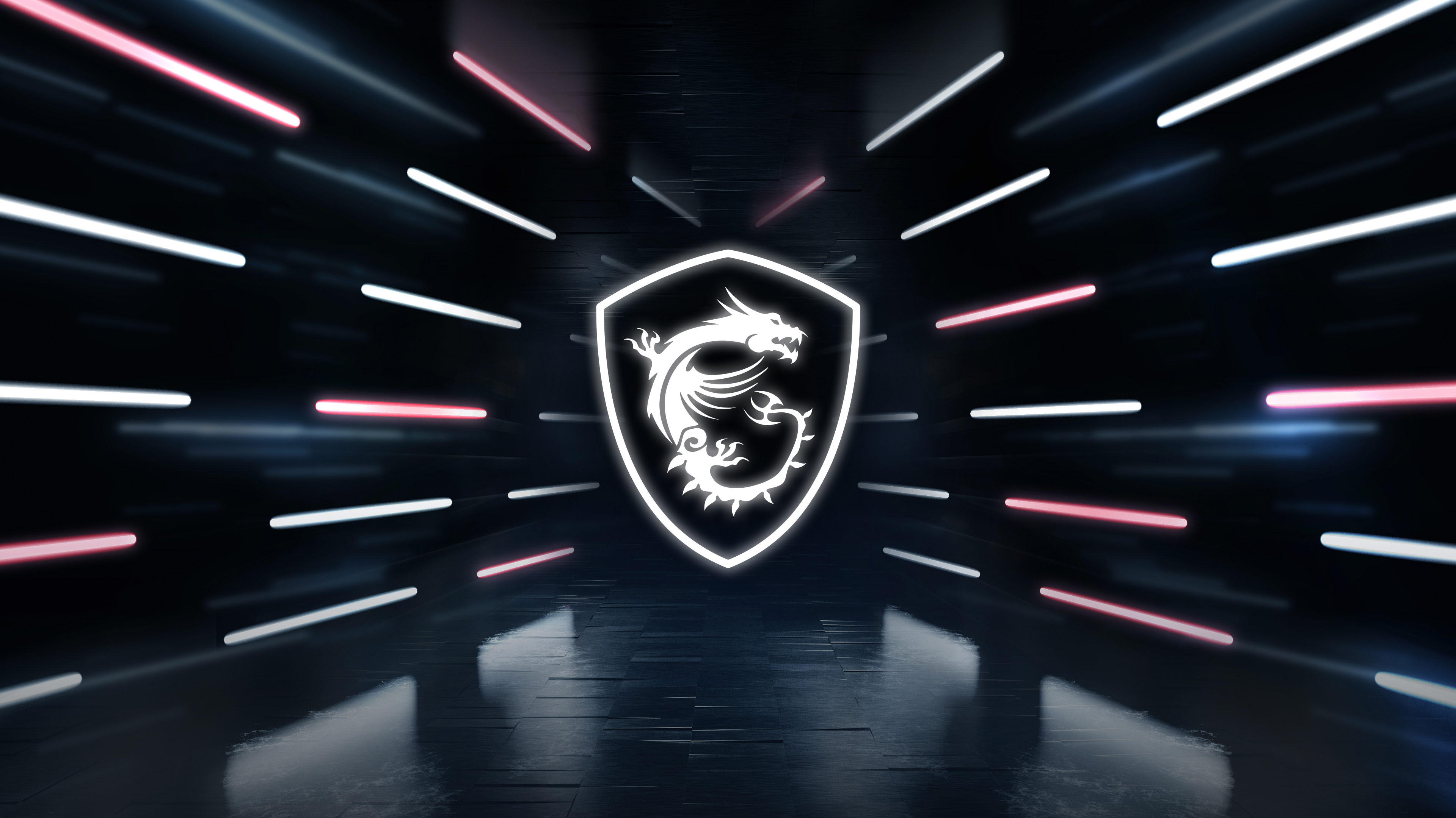 MSI Gaming dragon logo, radial neon light beams, reflective dark floor, 4K Desktop wallpaper