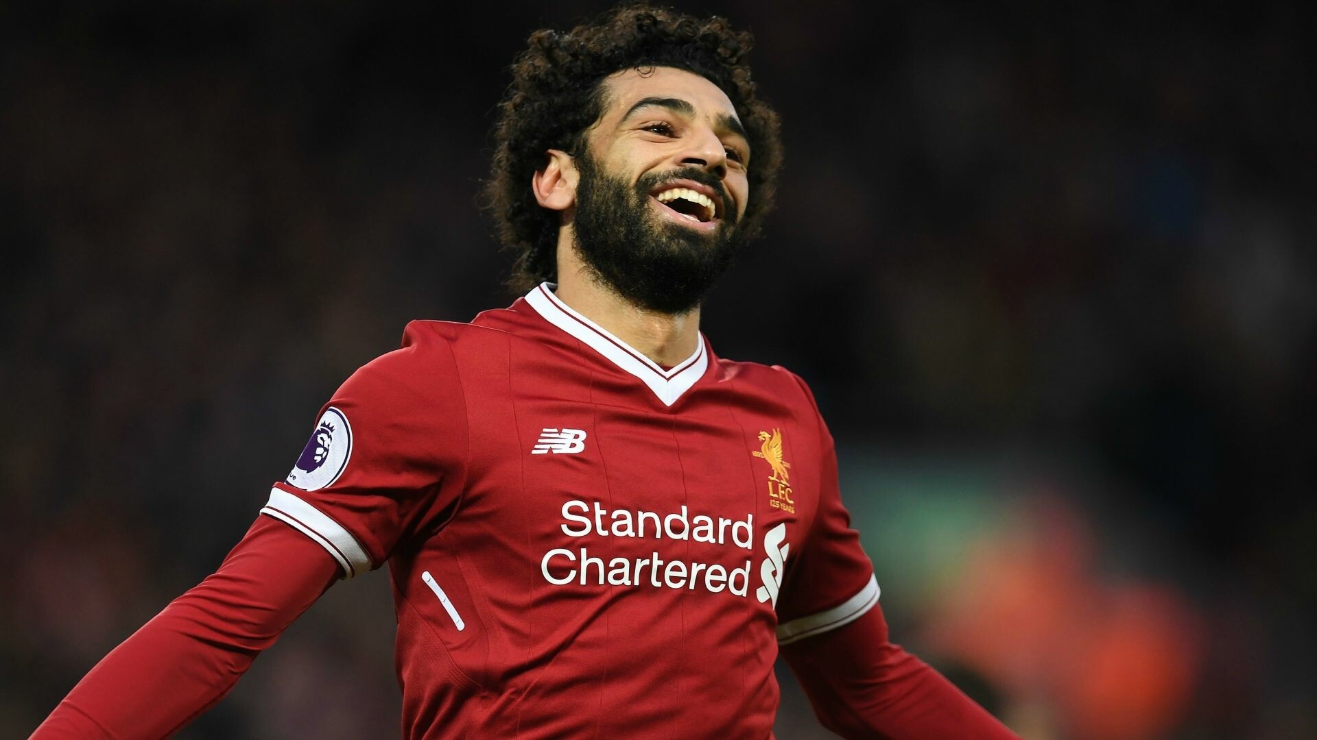 Mohamed Salah, Red jersey celebration, Vibrant wallpaper, Energetic background, 1920x1080 Full HD Desktop