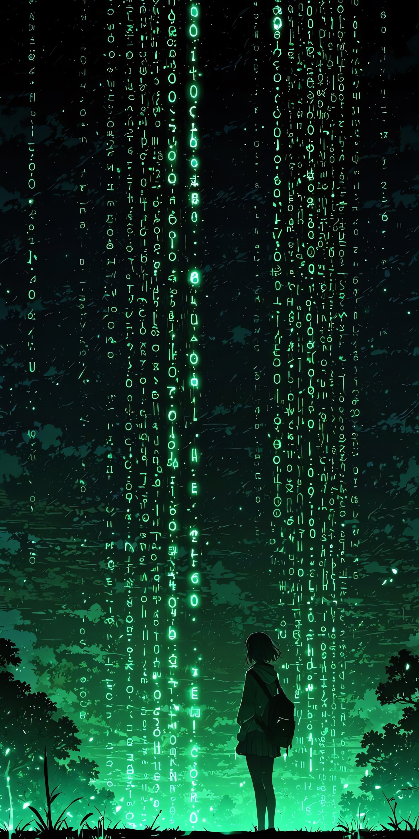 Matrix Wallpaper, Anime Girl, Green Code, Virtual World, 1480x2950p