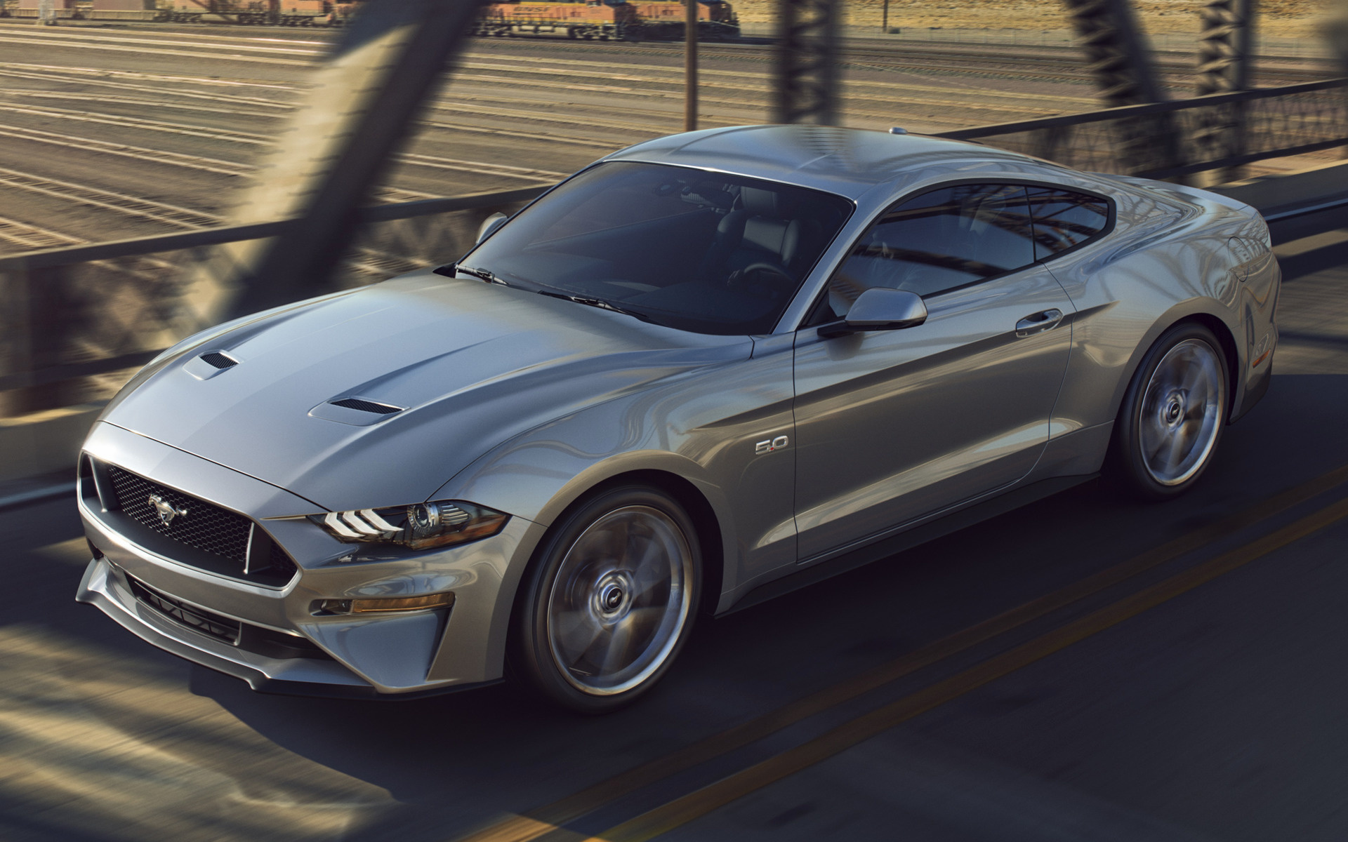 Ford Mustang GT Coupe, Steel truss bridge, Motion blur driving shot, HD Desktop wallpaper