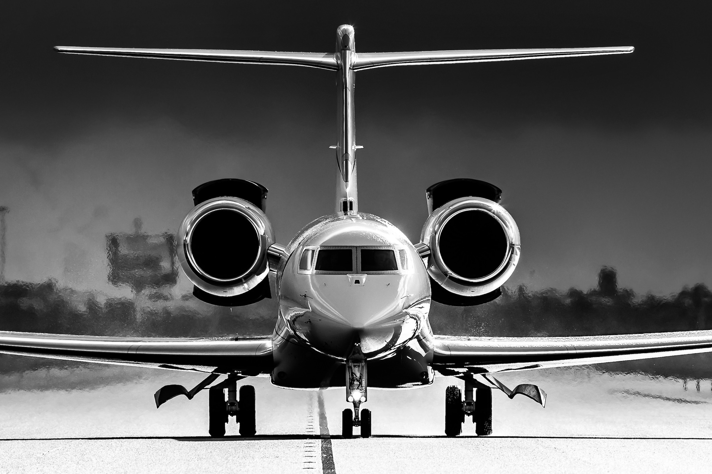 Twin-engine business jet, Airport runway tarmac, Black and white photography, HD Desktop wallpaper