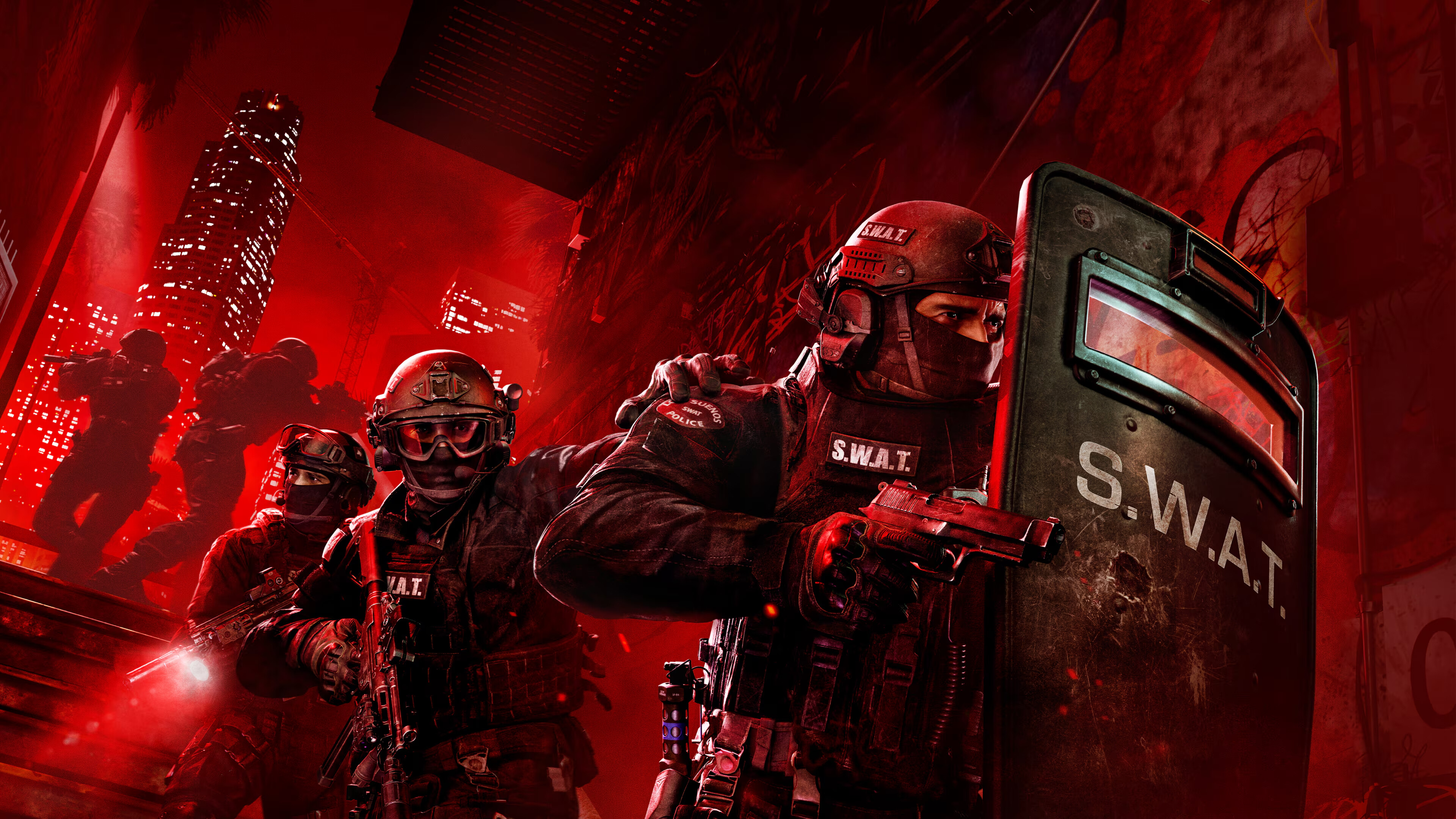 SWAT, Red Background, Desktop Wallpaper, 4K