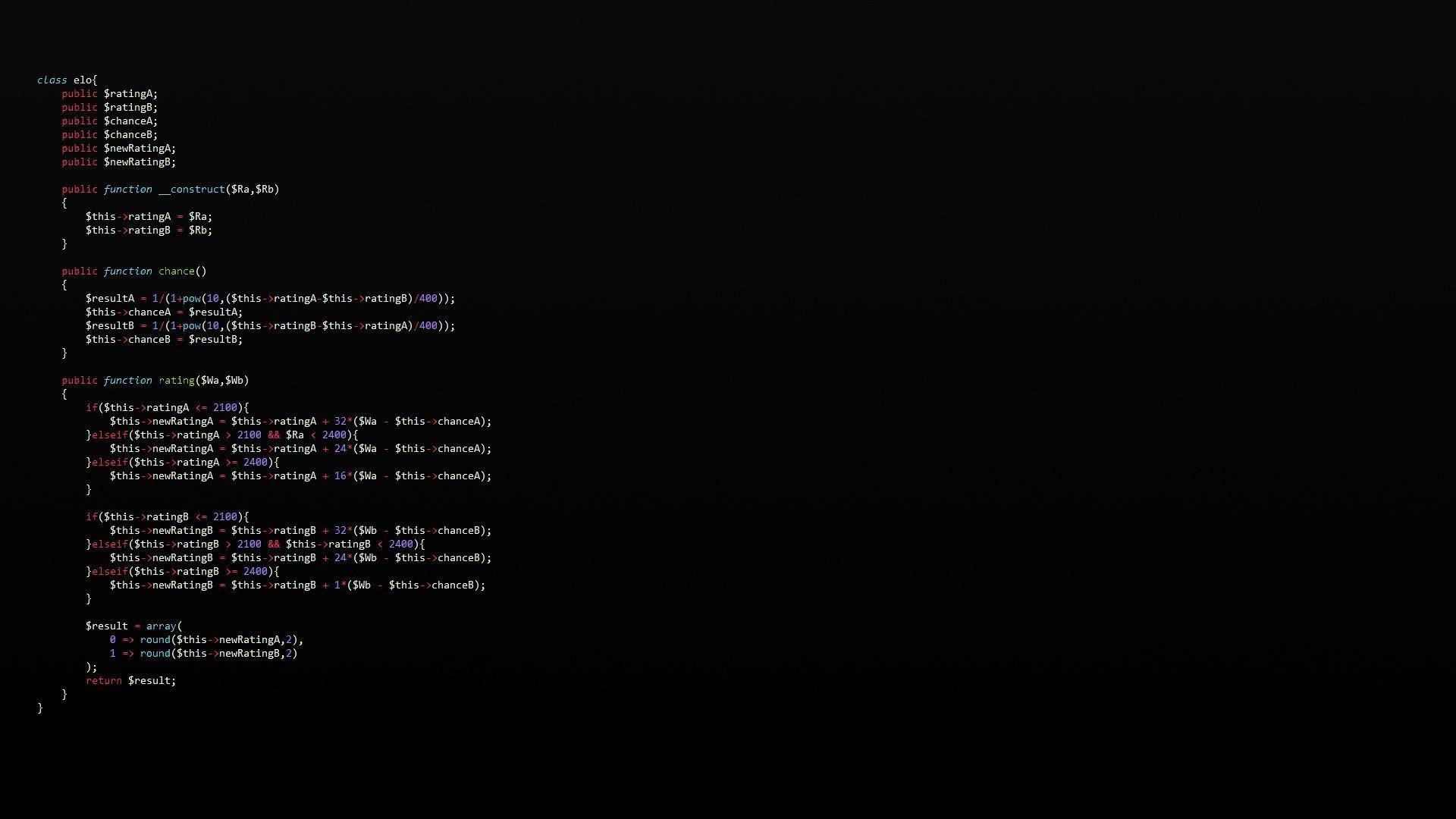 PHP Elo rating algorithm, class elo code, dark mode code editor, Full HD Desktop wallpaper