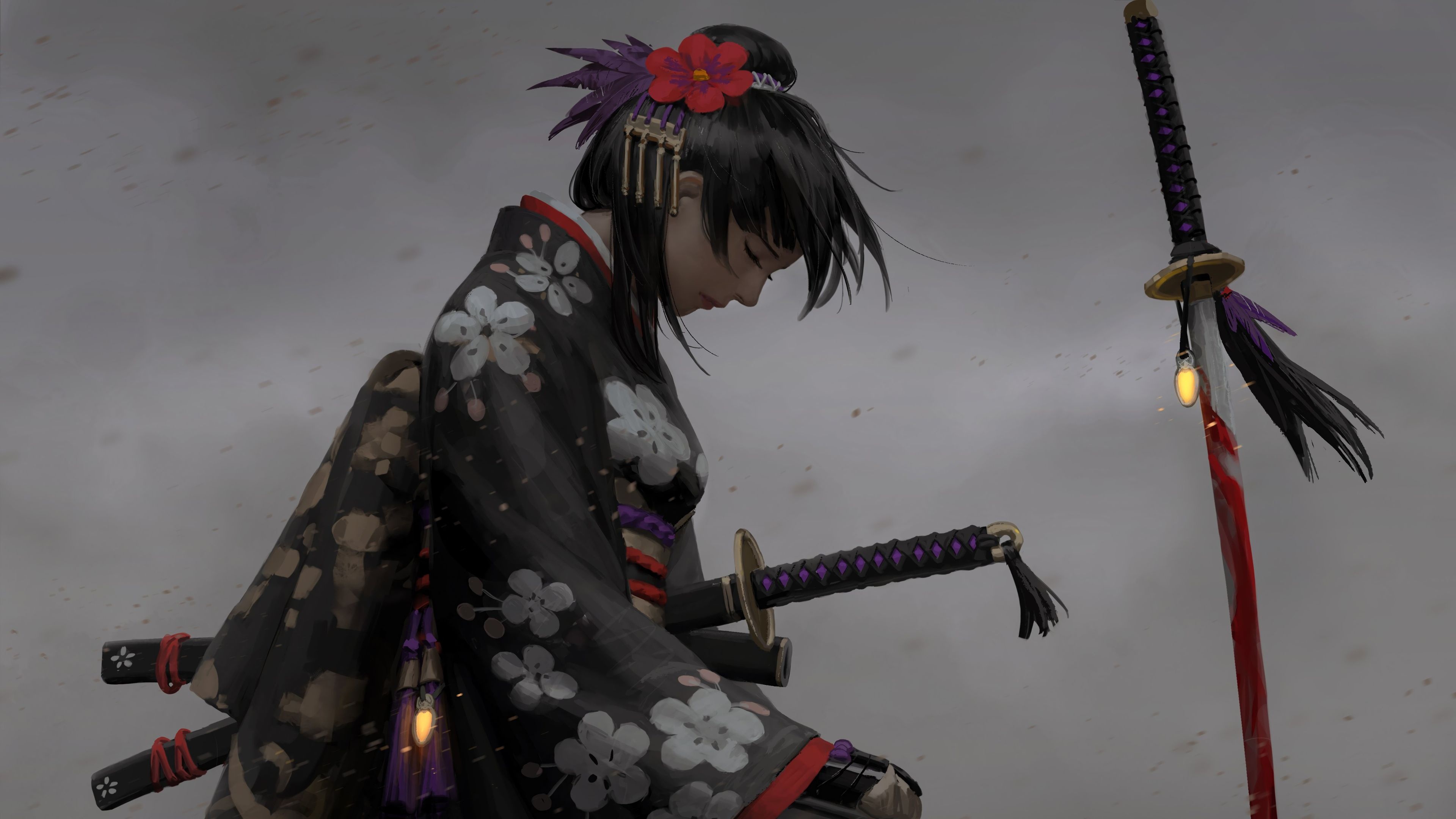 Kneeling onna-musha, Black floral kimono, Katana with tasseled hilt, 4K Desktop wallpaper