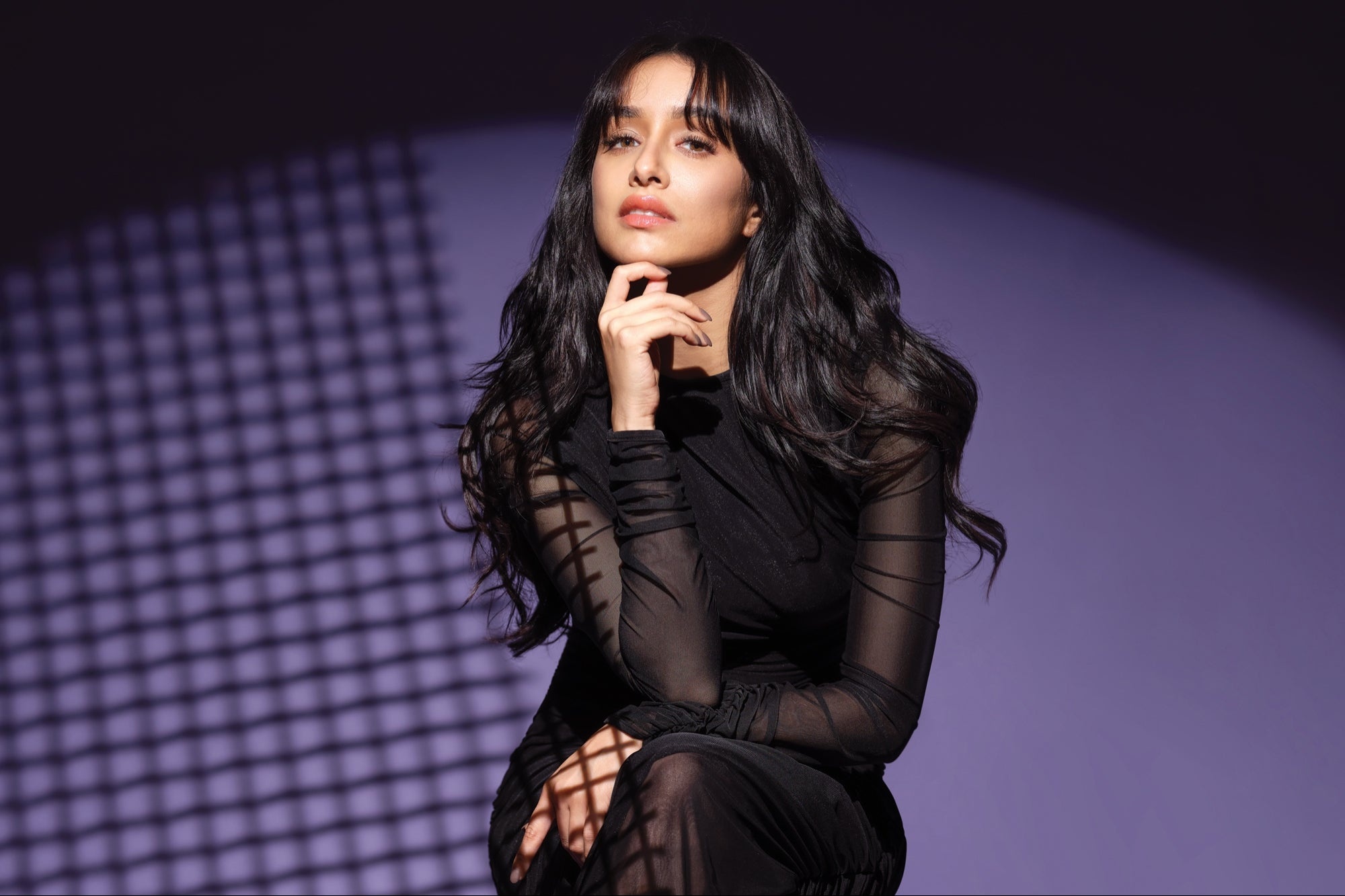 Shraddha Kapoor, sheer black dress, purple spotlight grid shadow, HD Desktop wallpaper