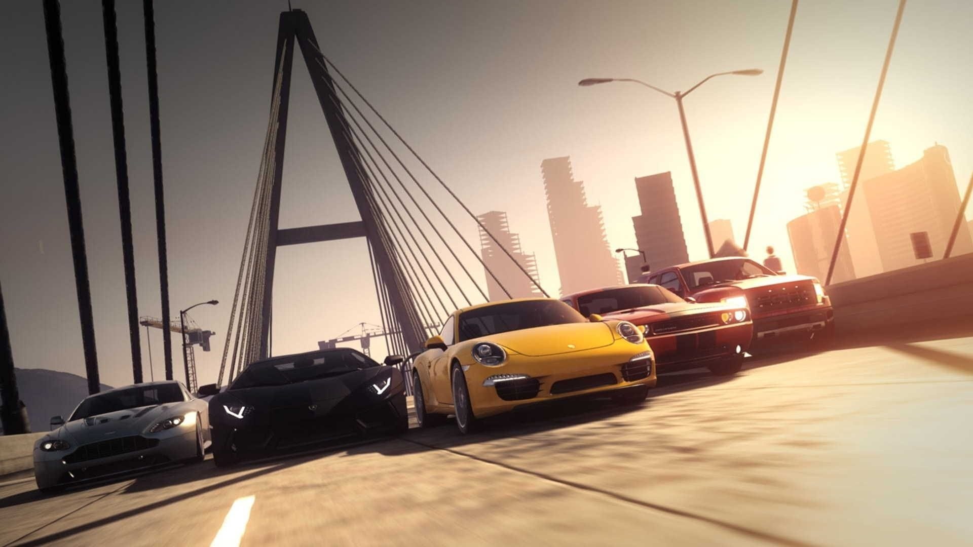 Porsche 911 Carrera S, Lamborghini Aventador LP 700-4, Aston Martin V12 Vantage, Dodge Challenger SRT8, cable-stayed bridge, Full HD Desktop wallpaper