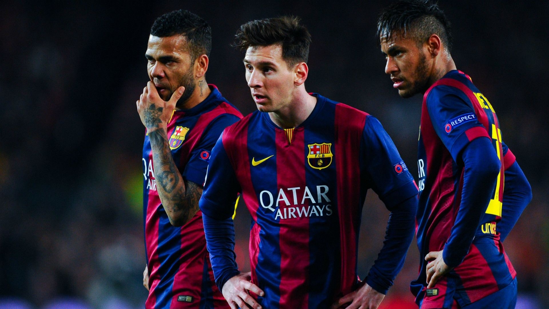 Lionel Messi, Neymar Jr., Dani Alves, FC Barcelona jersey, Full HD Desktop wallpaper