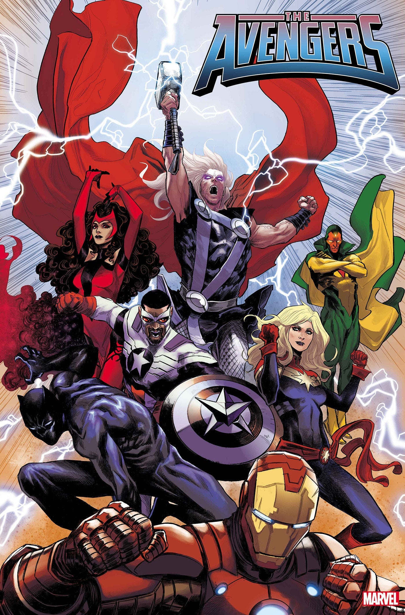 The Avengers comic cover, Thor holding Mjolnir, Sam Wilson Captain America, Iron Man, Black Panther, HD Phone wallpaper