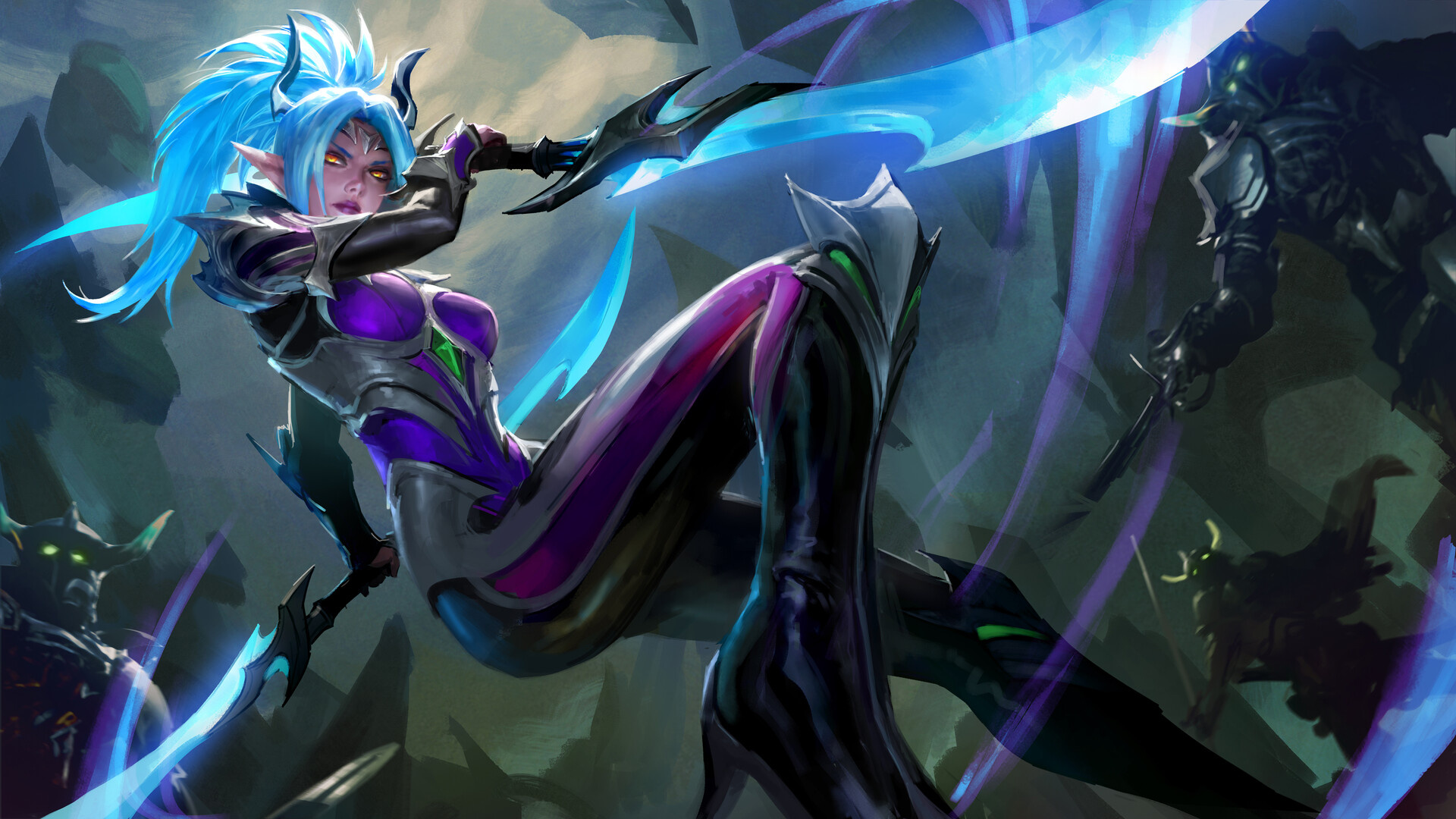 Karina Mobile Legends Bang Bang, dual glowing energy blades, Abyss warrior enemies, Full HD Desktop wallpaper