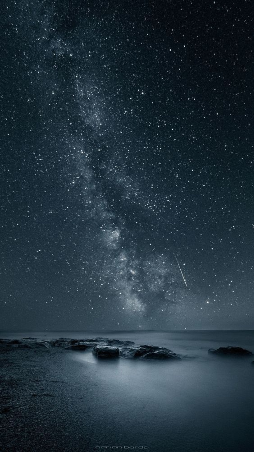 Milky Way galaxy, shooting star streak, rocky ocean shoreline, Full HD Phone wallpaper