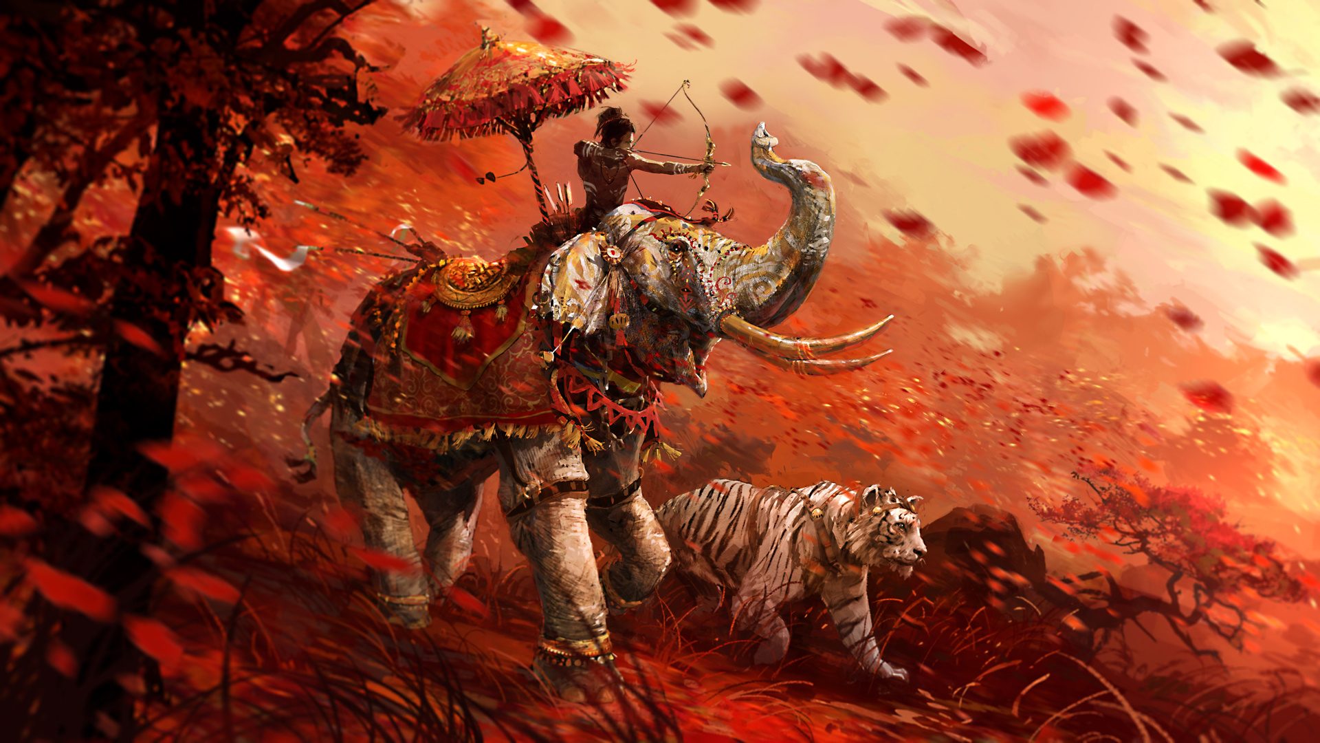 Far Cry 4 Shangri-La, Kalinag aiming bow, Shangri-La white tiger, Decorated war elephant, Full HD Desktop wallpaper
