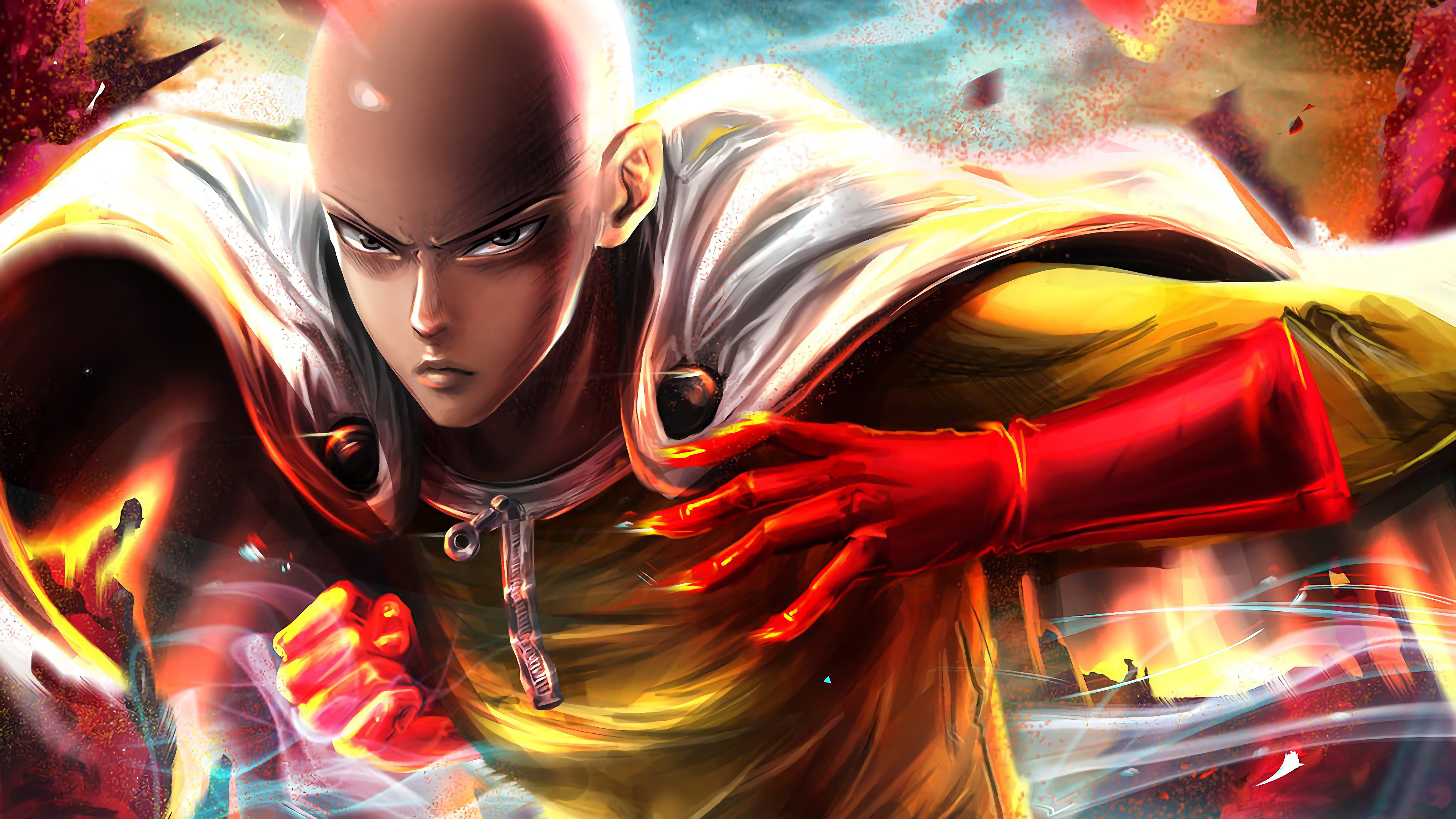 Saitama from One-Punch Man, Red superhero gloves, Fiery explosive aura, 4K Desktop wallpaper