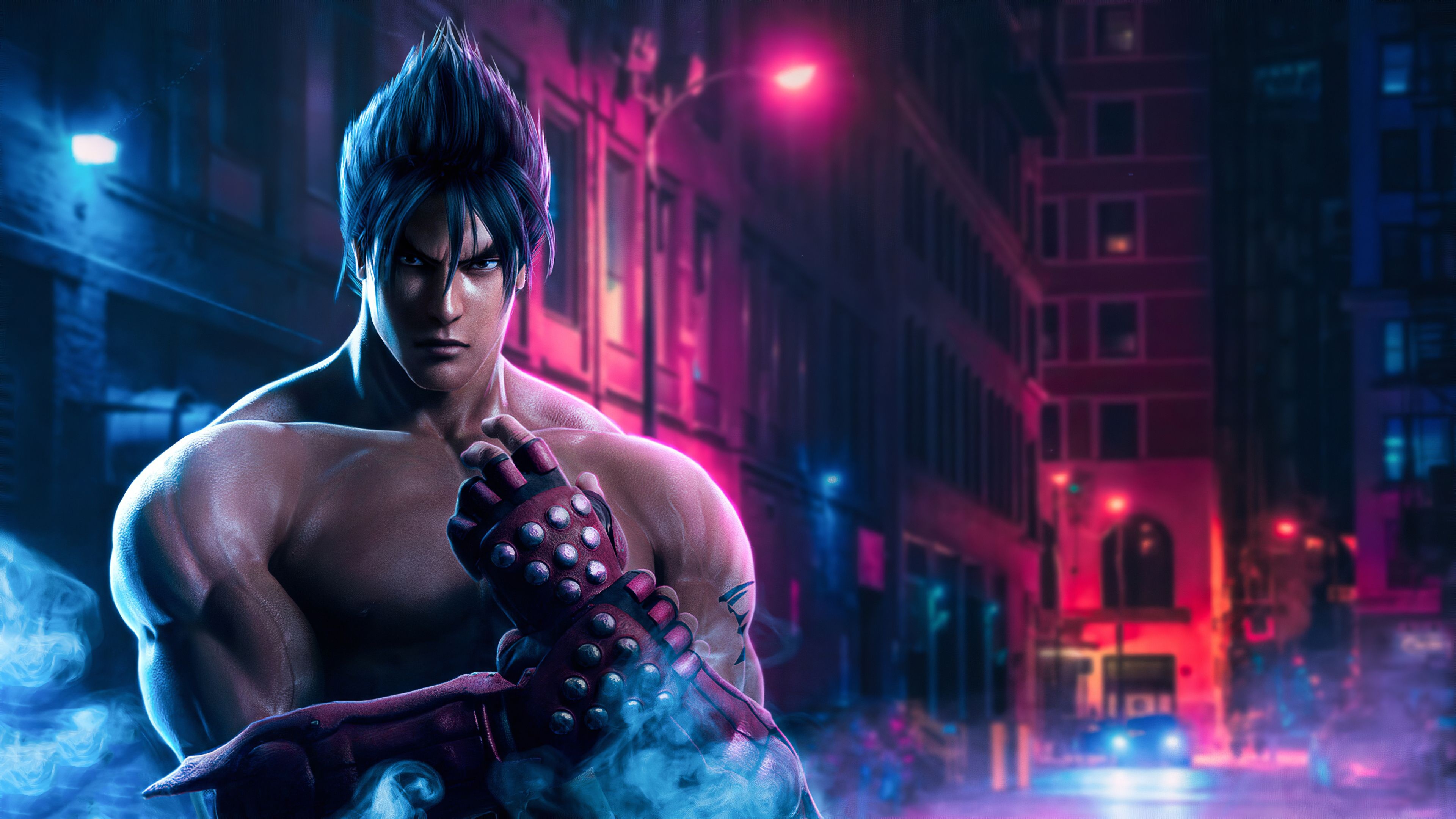 Jin Kazama, studded fighting gauntlets, neon city street, 4K Desktop wallpaper