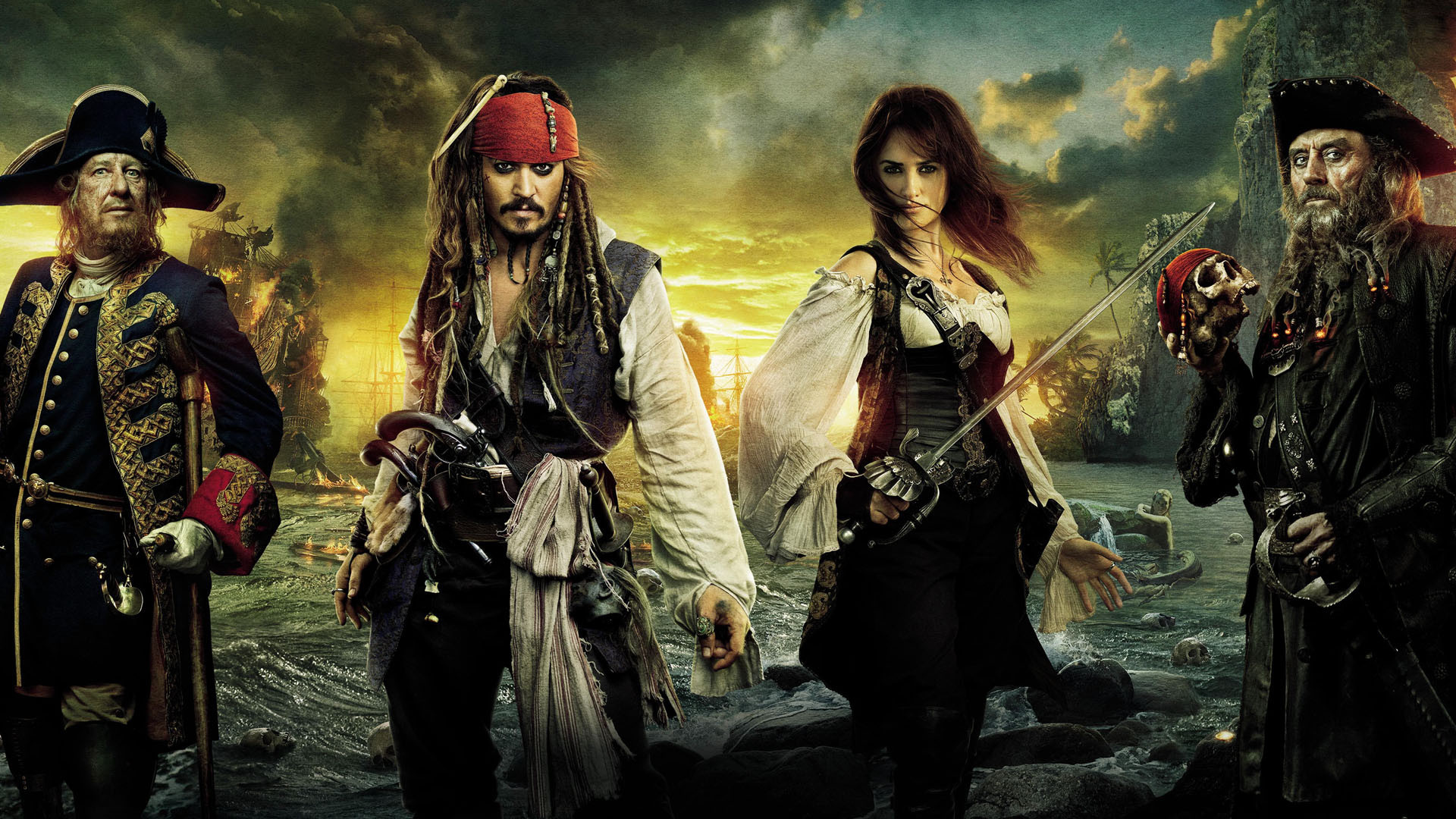 Geoffrey Rush, Angelica Teach, Blackbeard, Jack Sparrow, 1920x1080 Full HD Desktop