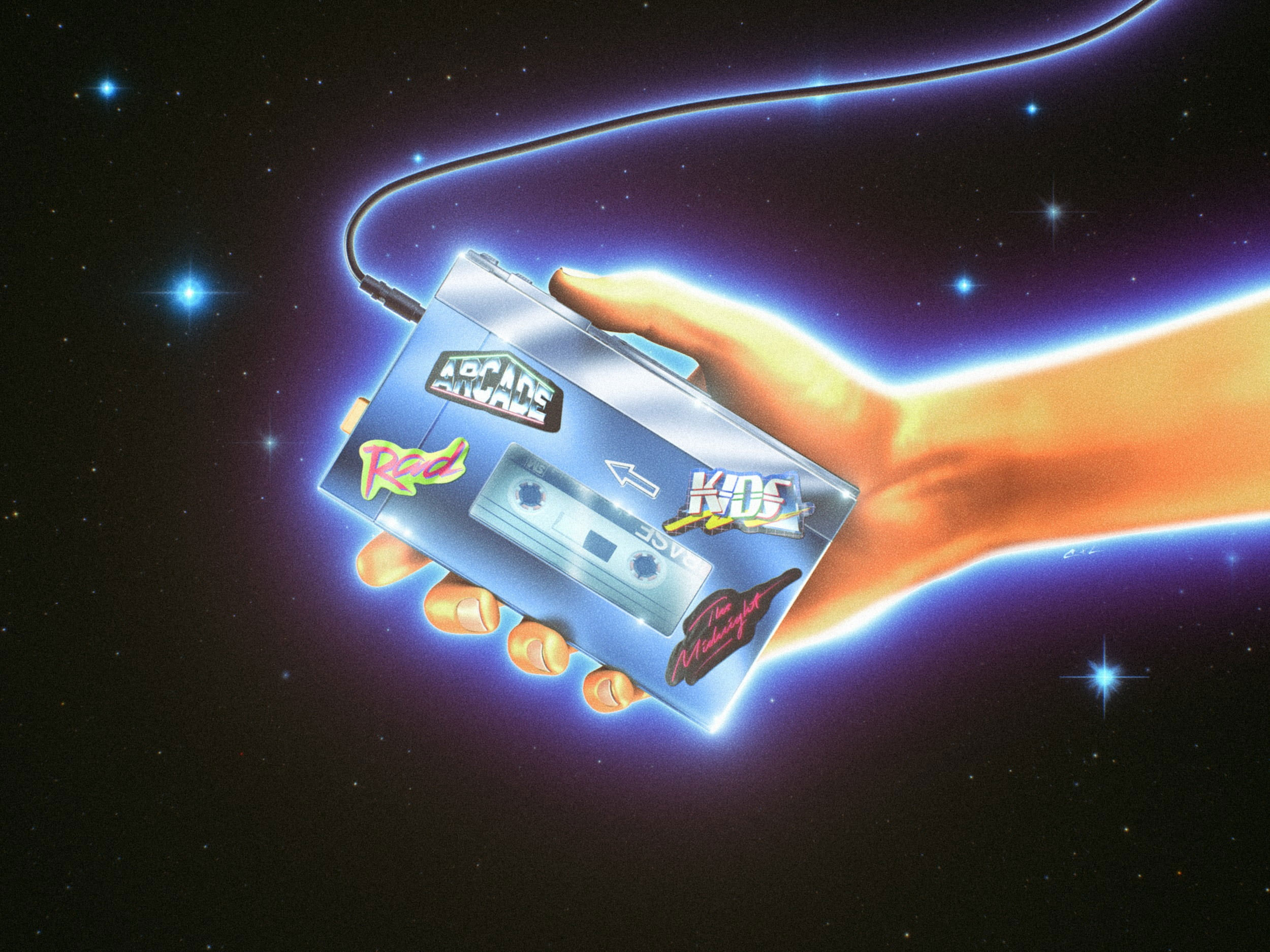 The Midnight sticker, Retro cassette player, Glowing synthwave space background, HD Desktop wallpaper