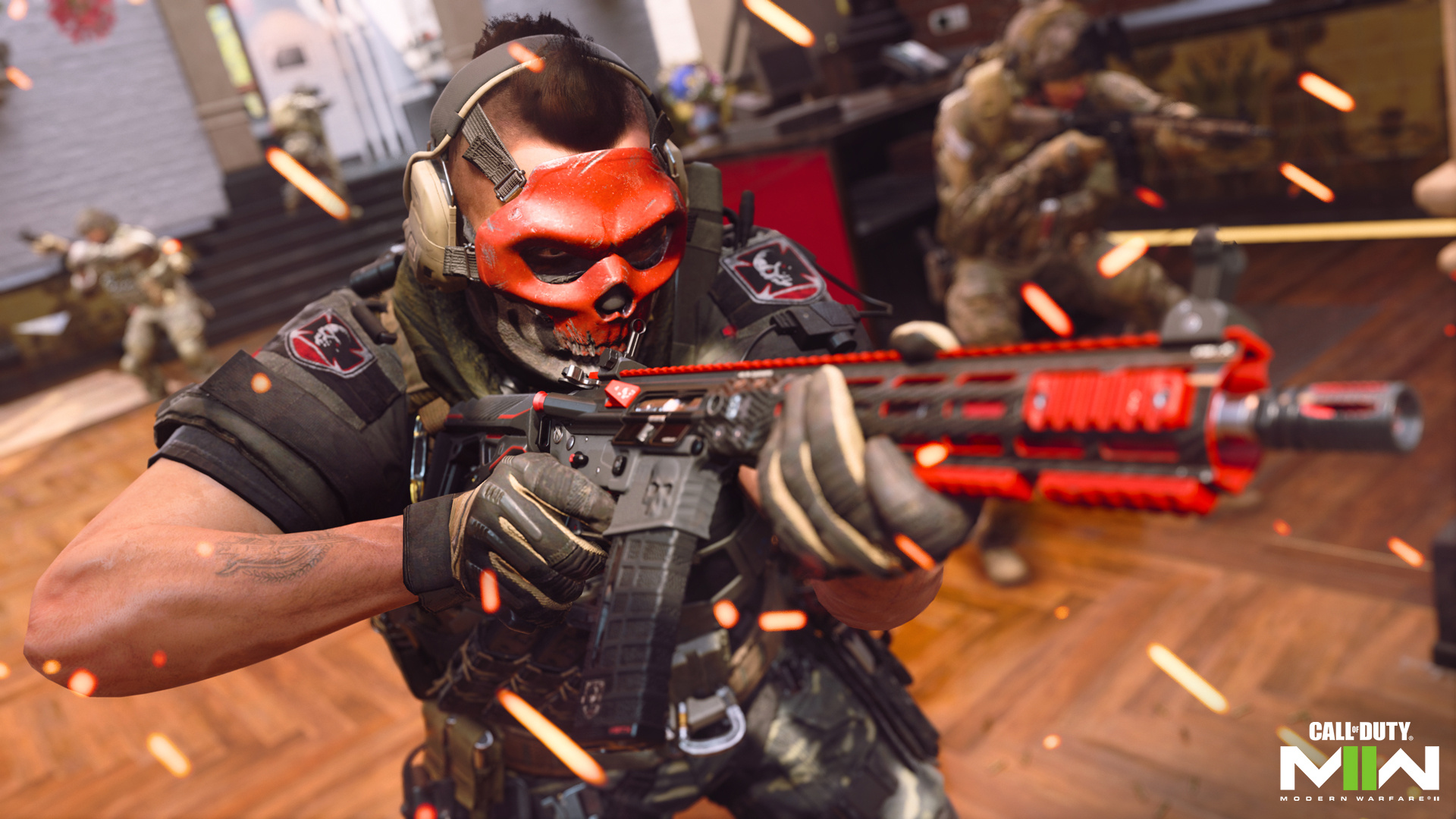 Soap MacTavish Red Team 141, Call of Duty: Modern Warfare II logo, Red skull ballistic mask, Full HD Desktop wallpaper