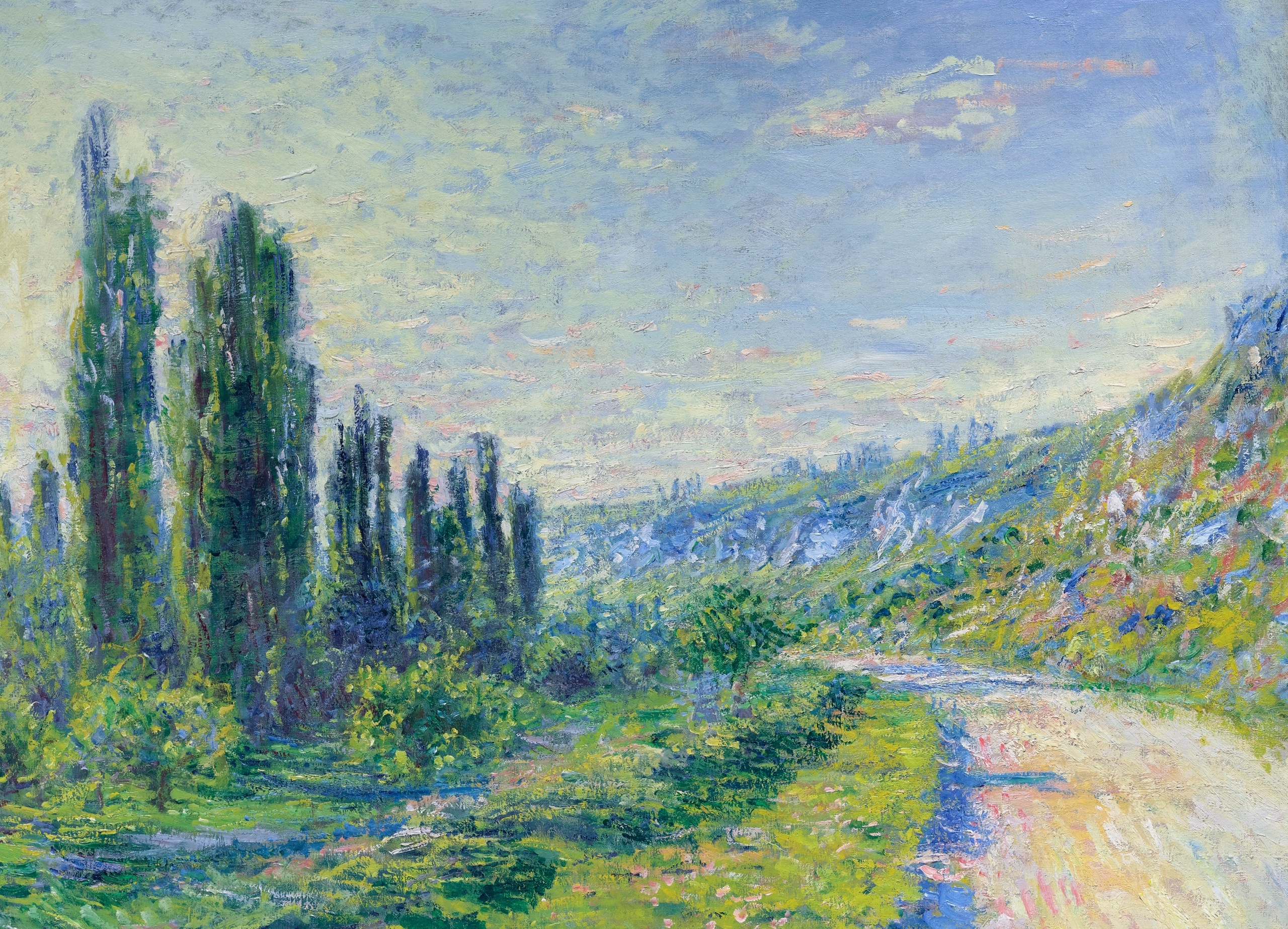 The Road to Vetheuil, tall poplar trees, sunlit dirt road, HD Desktop wallpaper