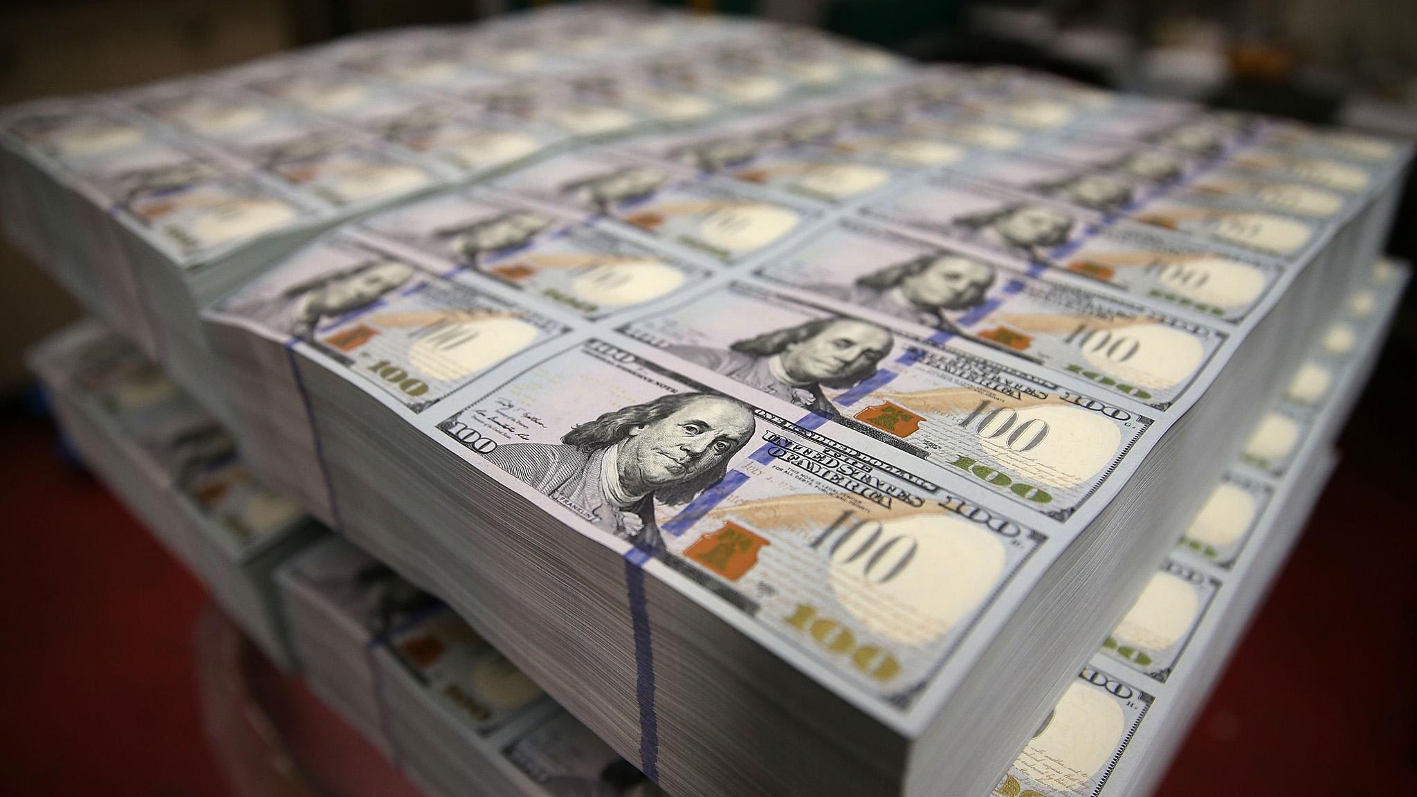 US one-hundred-dollar bills, Benjamin Franklin portrait, Bundled banknote stacks, HD Desktop wallpaper