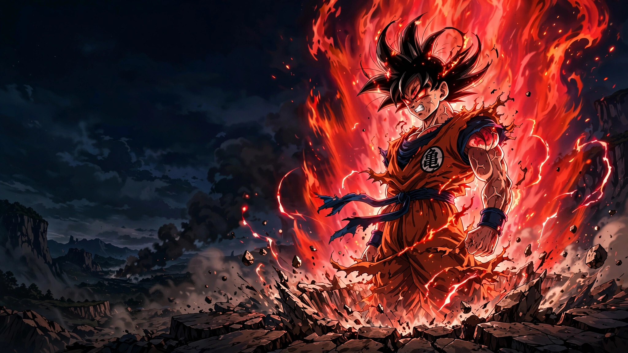 Goku, Kaio-ken, Crimson aura, Turtle school gi, Cratered ground, Dragon Ball Z, HD Desktop wallpaper