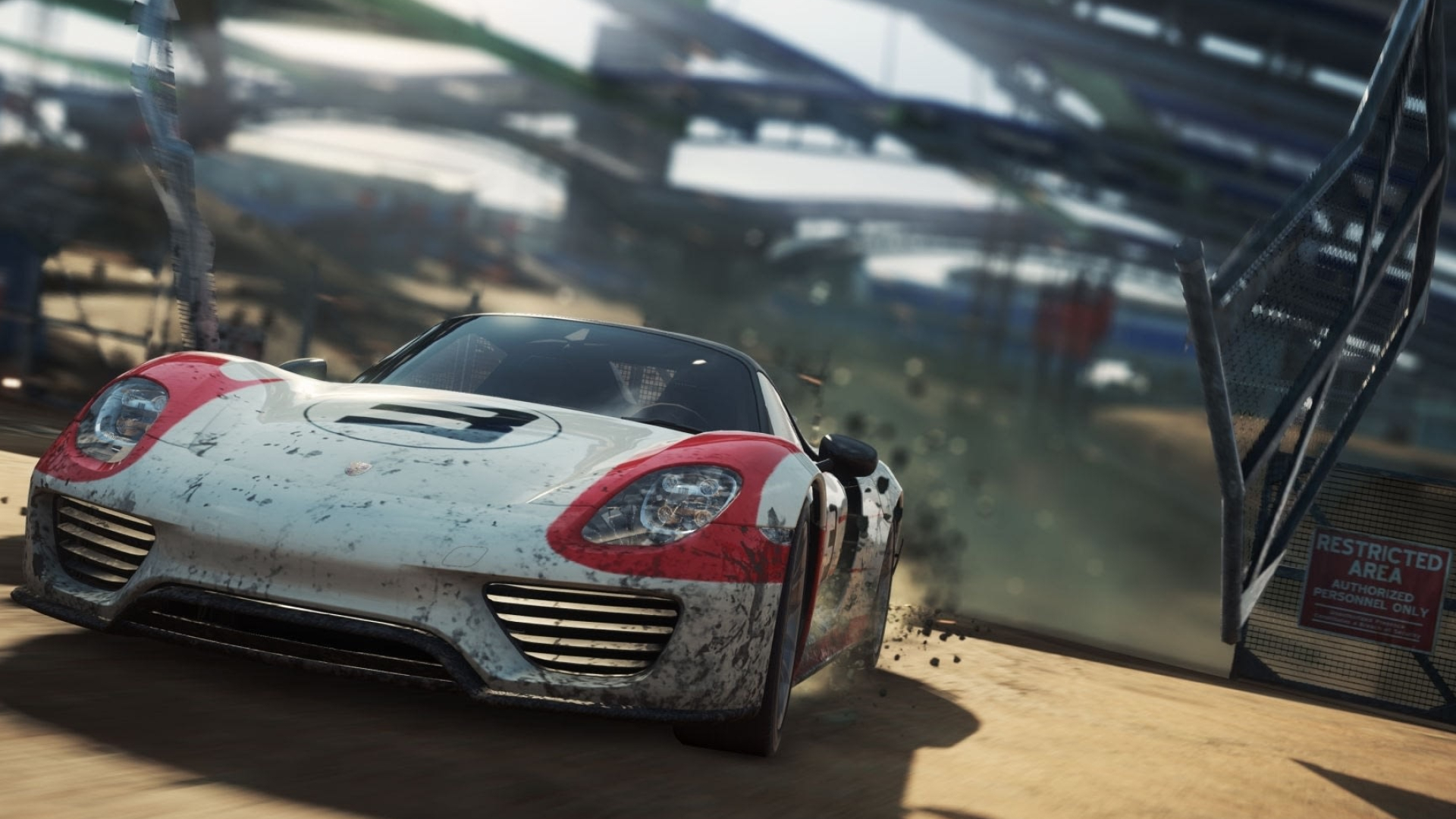 Porsche 918 Spyder Concept, RESTRICTED AREA sign, smashed chain-link gate, Full HD Desktop wallpaper