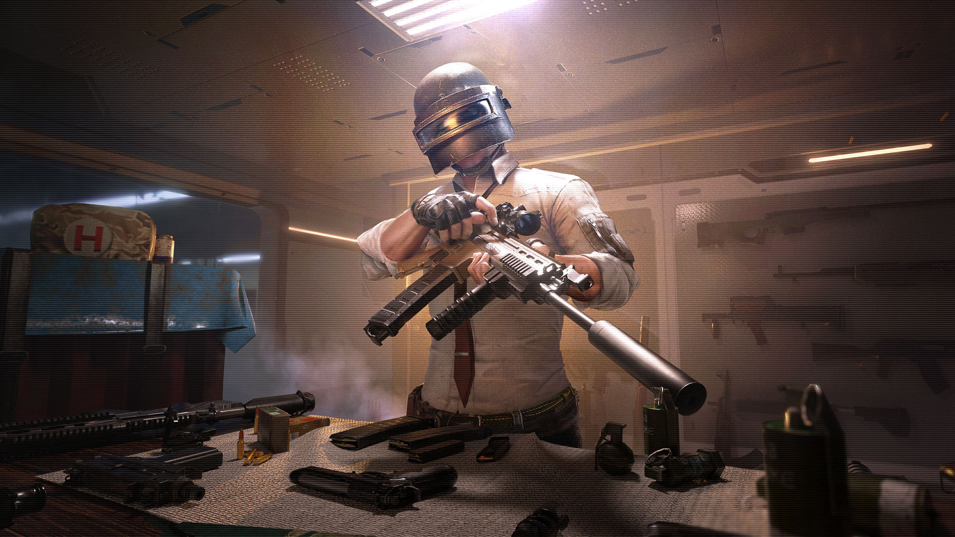 PUBG Lone Survivor, Level 3 Spetsnaz helmet, customized Mk14 rifle, Full HD Desktop wallpaper