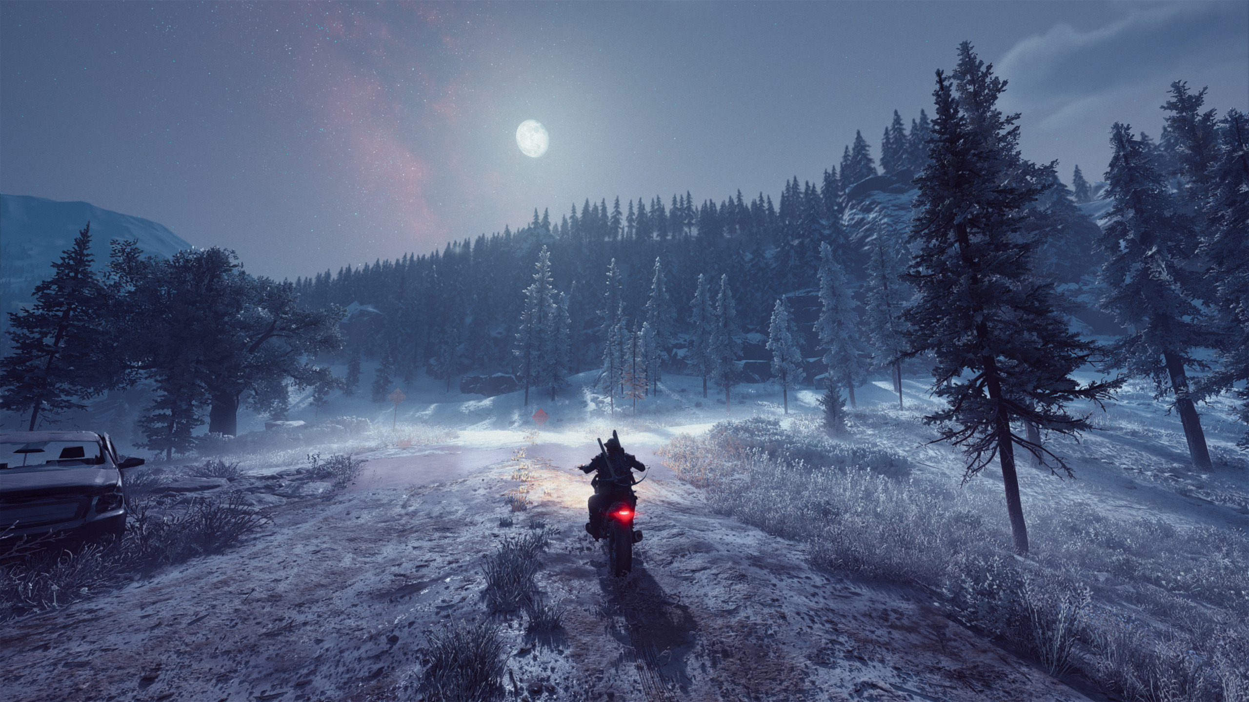 Deacon St. John, drifter motorcycle, snow-covered pine forest, HD Desktop wallpaper