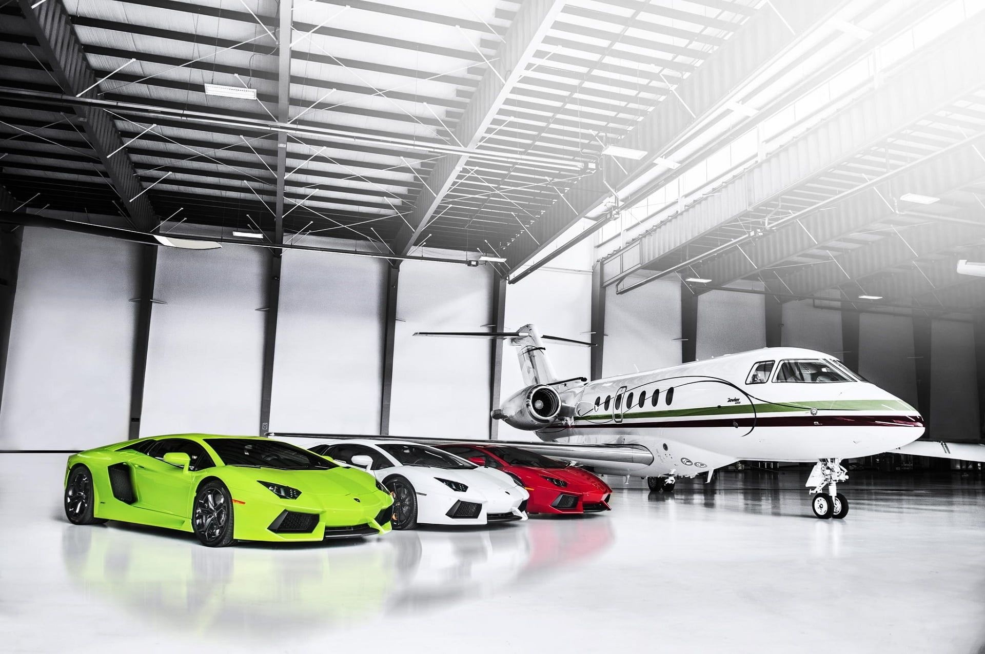 Lamborghini Aventador LP 700-4, Private business jet, Modern aircraft hangar, HD Desktop wallpaper