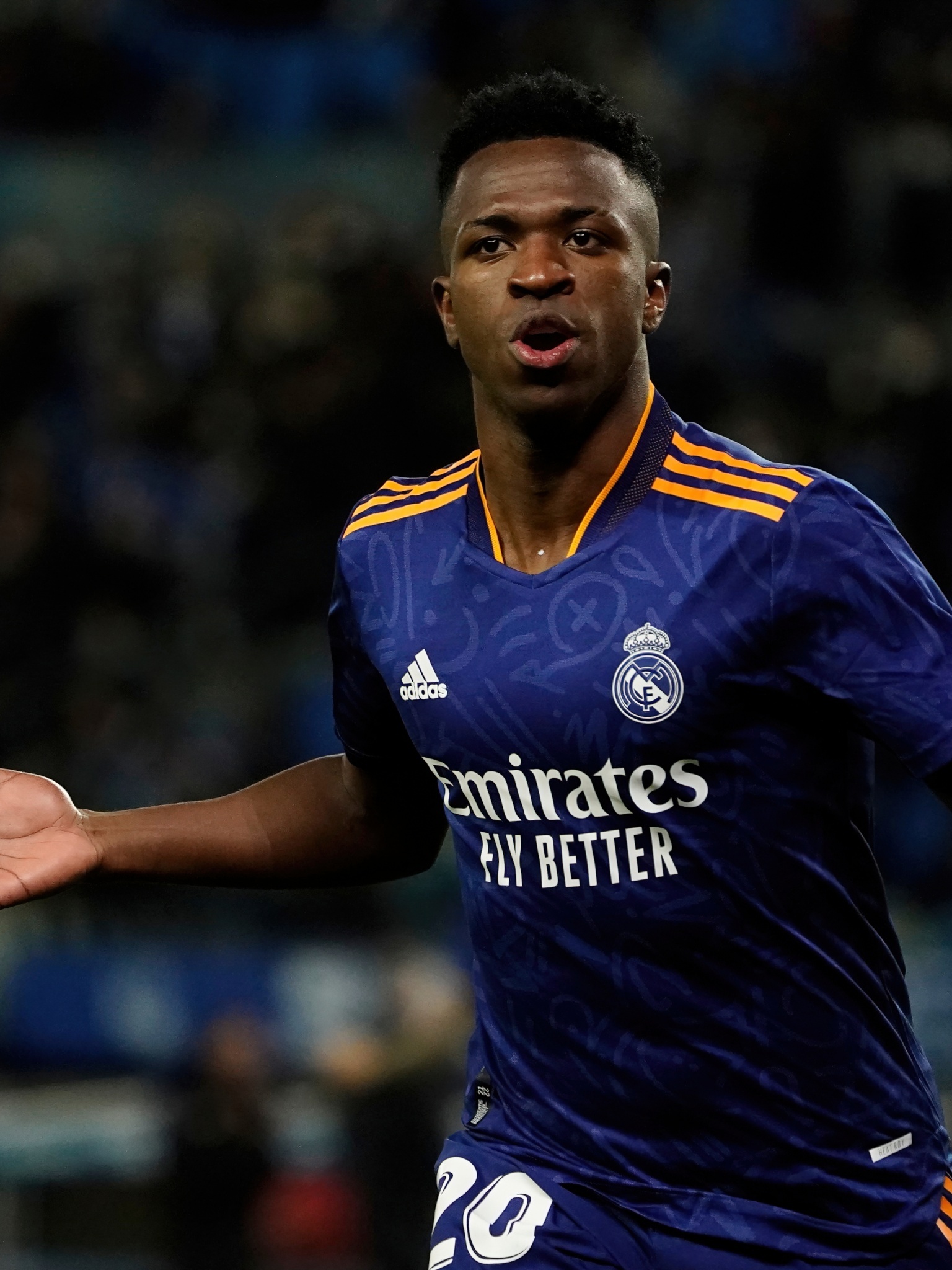 Vinicius Junior, Real Madrid away jersey, Emirates Fly Better sponsor, HD Phone wallpaper