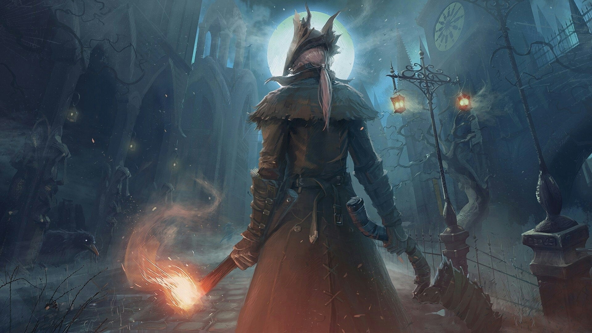 Bloodborne Hunter, Saw Cleaver, Central Yharnam, Full HD Desktop wallpaper