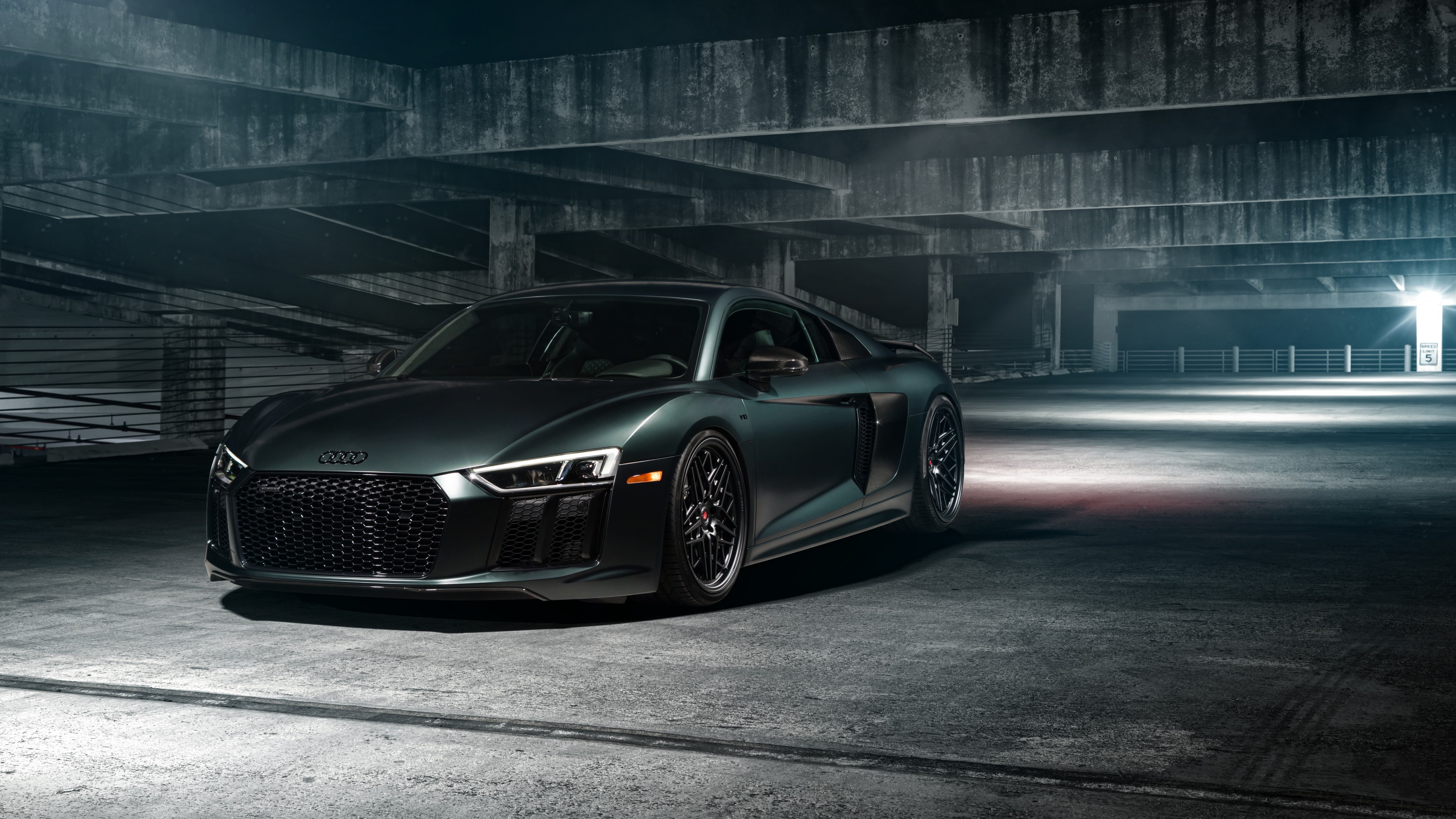 Audi R8 Coupe, concrete parking garage, black mesh grille, 4K Desktop wallpaper