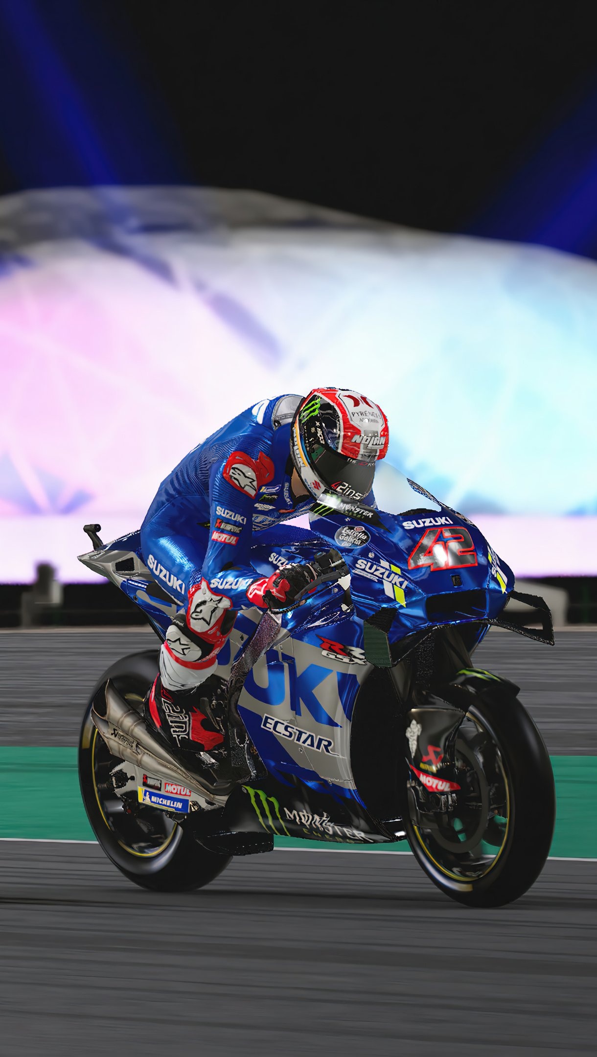 Alex Rins Suzuki GSX-RR, Team Suzuki Ecstar livery, Floodlit asphalt race track, HD Phone wallpaper