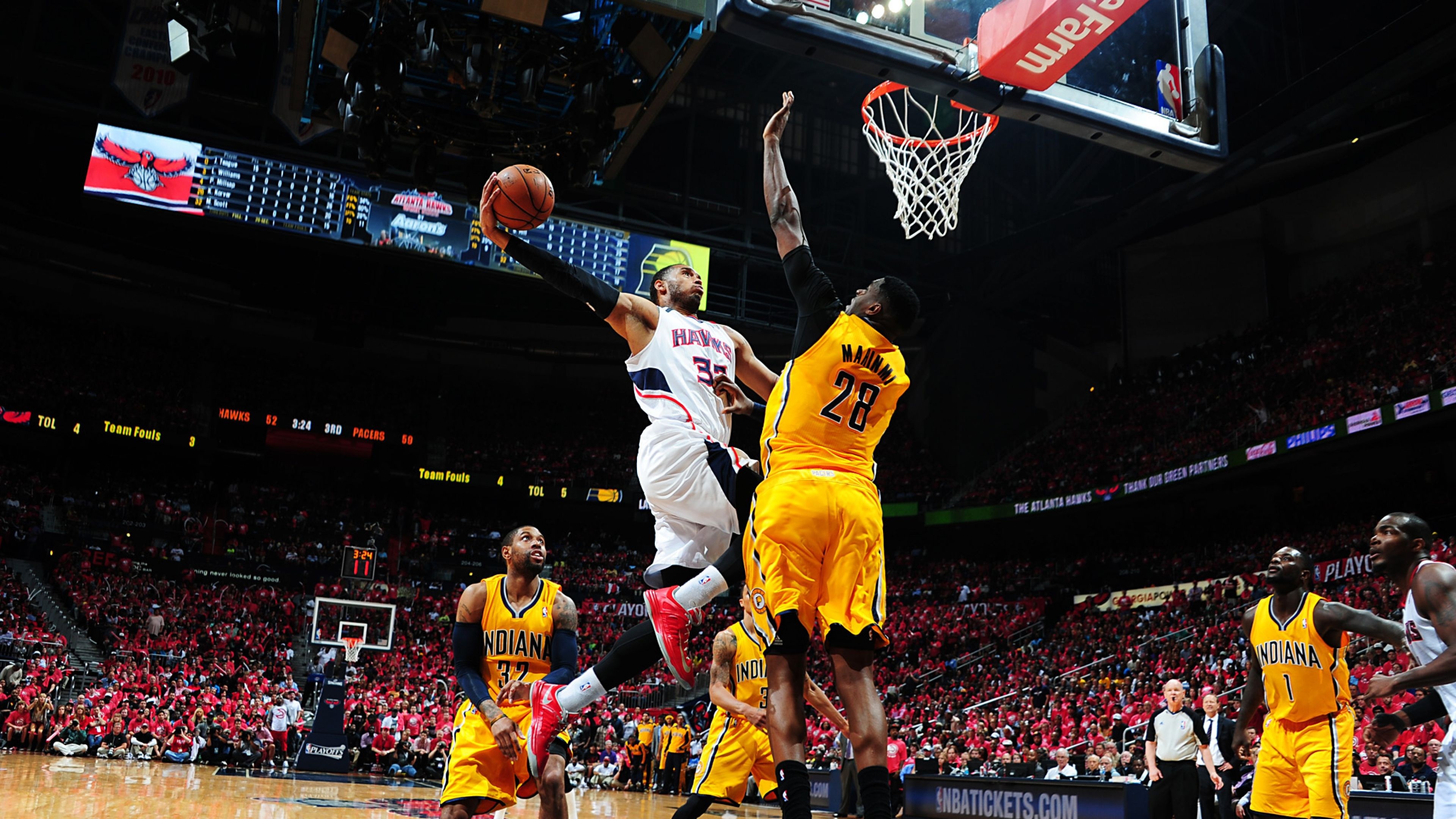 Mike Scott, Ian Mahinmi, Atlanta Hawks, Indiana Pacers, 4K Desktop wallpaper