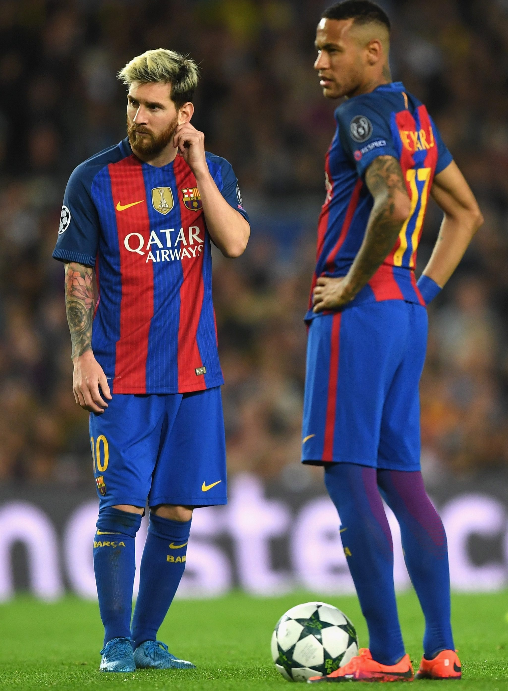 Lionel Messi, Neymar Jr, FC Barcelona kit, UEFA Champions League ball, HD Phone wallpaper
