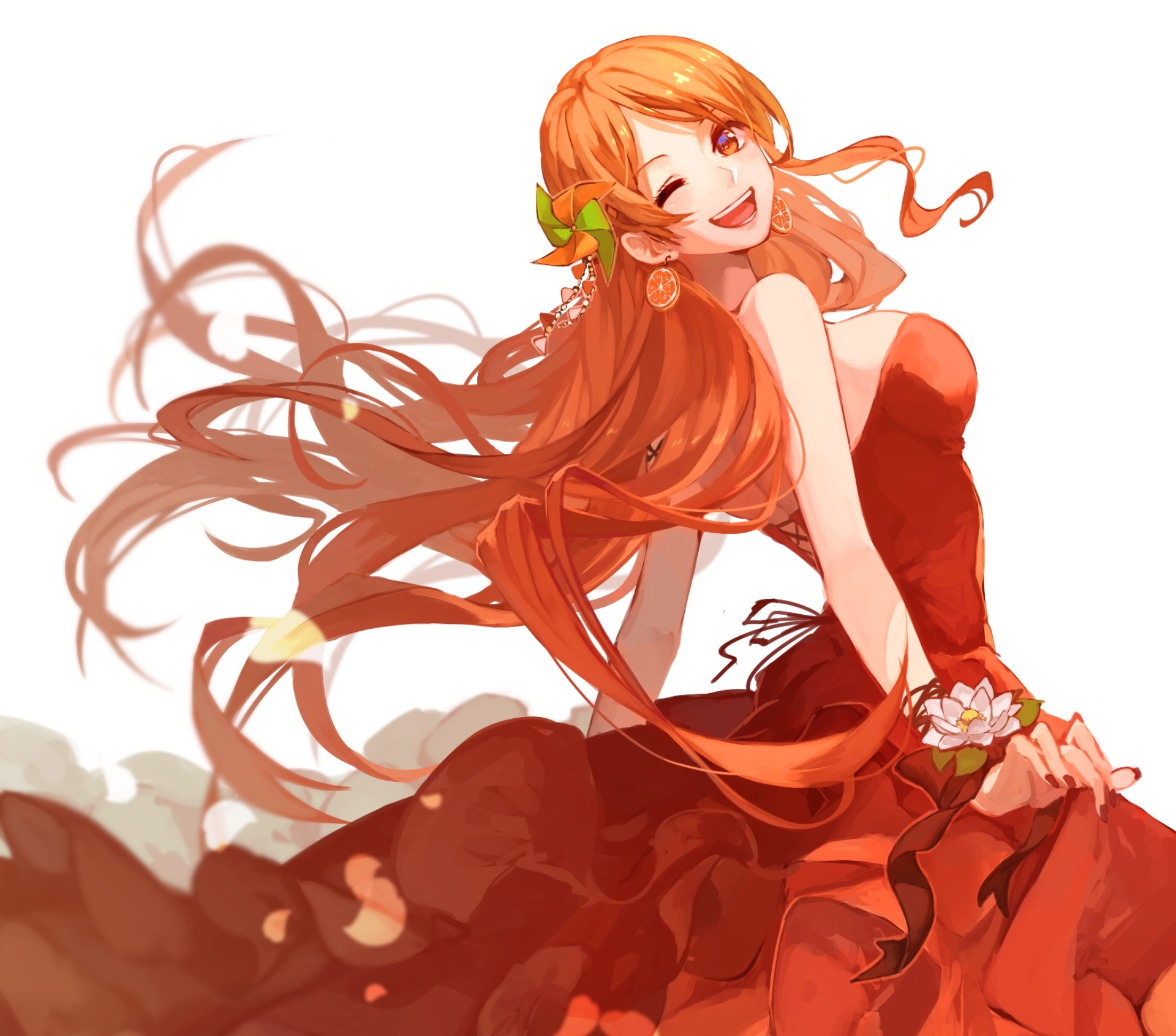Nami, red ruffle evening gown, orange slice earrings, HD Desktop wallpaper