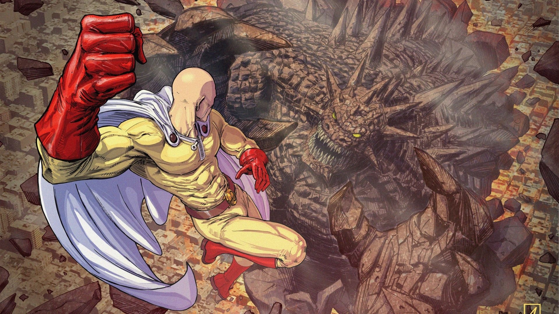 Saitama, Colossal rock monster, One-Punch Man, Full HD Desktop wallpaper