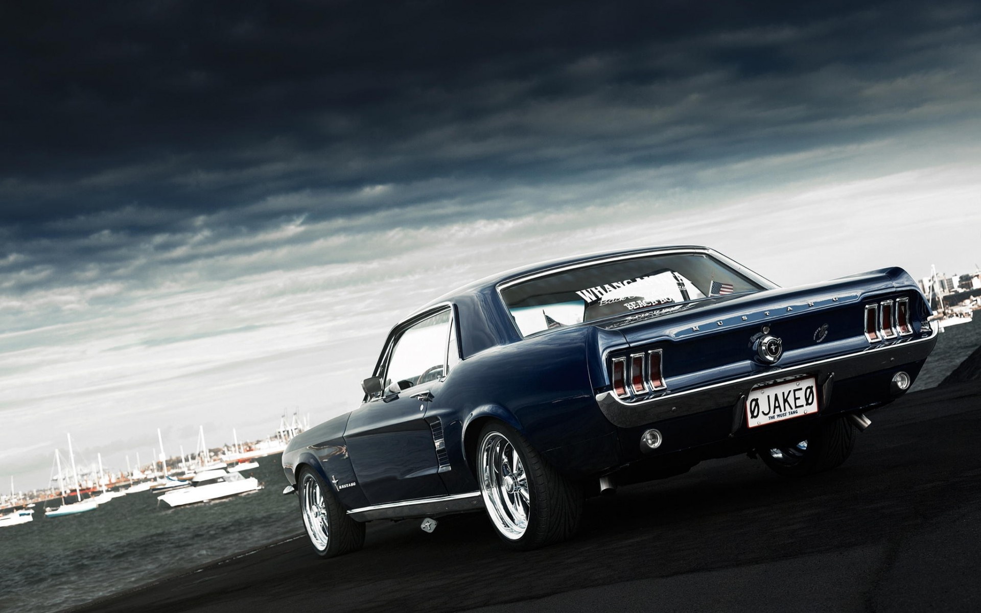 1967 Ford Mustang Coupe, Harbor marina with boats, Dramatic stormy clouds, HD Desktop wallpaper