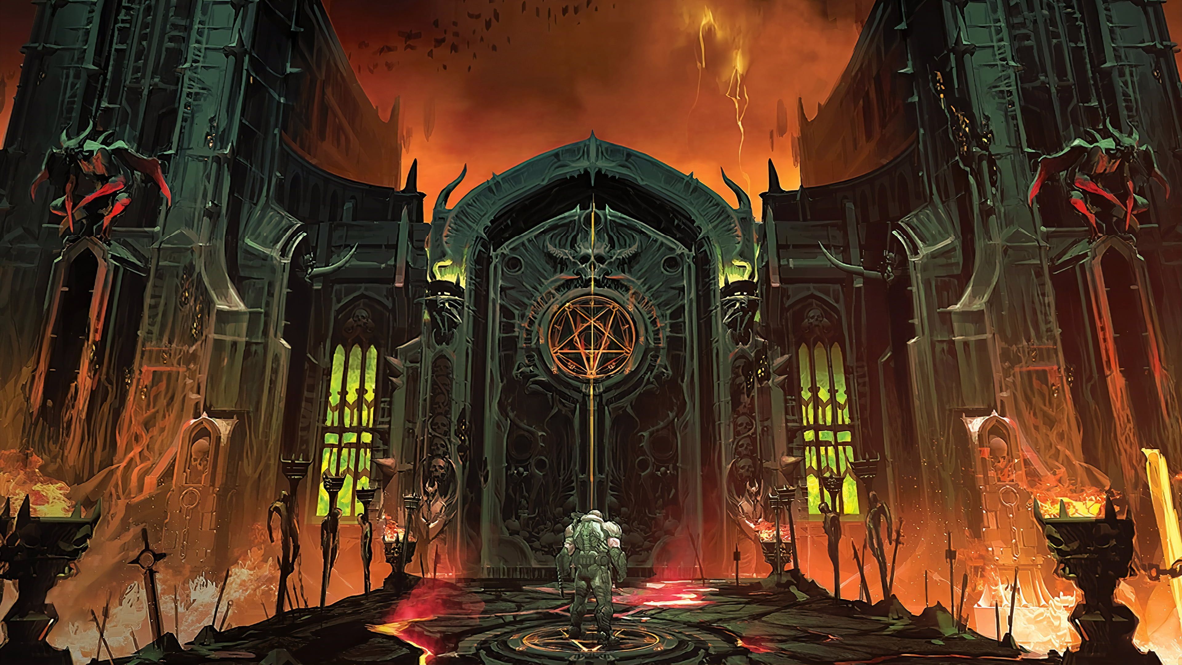 Doom Slayer, glowing pentagram gate, demonic Hell fortress, 4K Desktop wallpaper