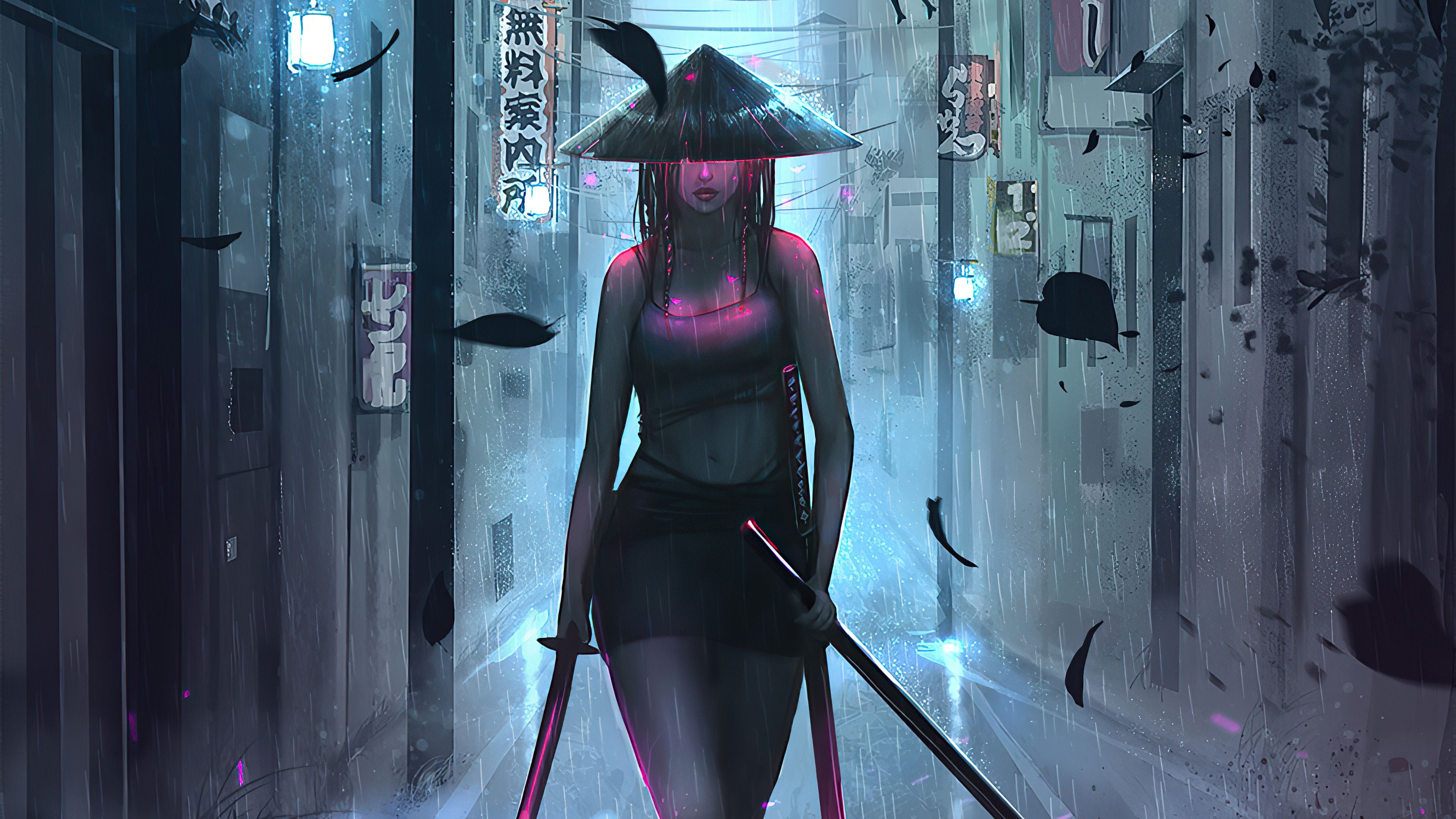 Conical hat samurai girl, Dual wielding katana swords, Rainy neon alleyway, 4K Desktop wallpaper