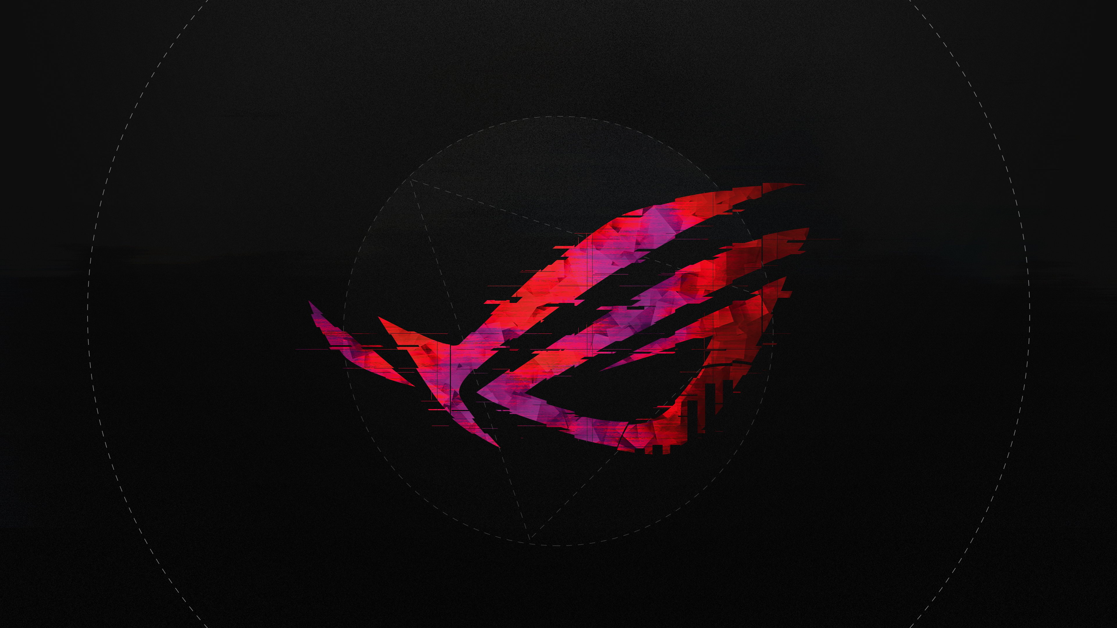 ASUS Republic of Gamers logo, Glitch pixel distortion, Dashed construction circles, 4K Desktop wallpaper