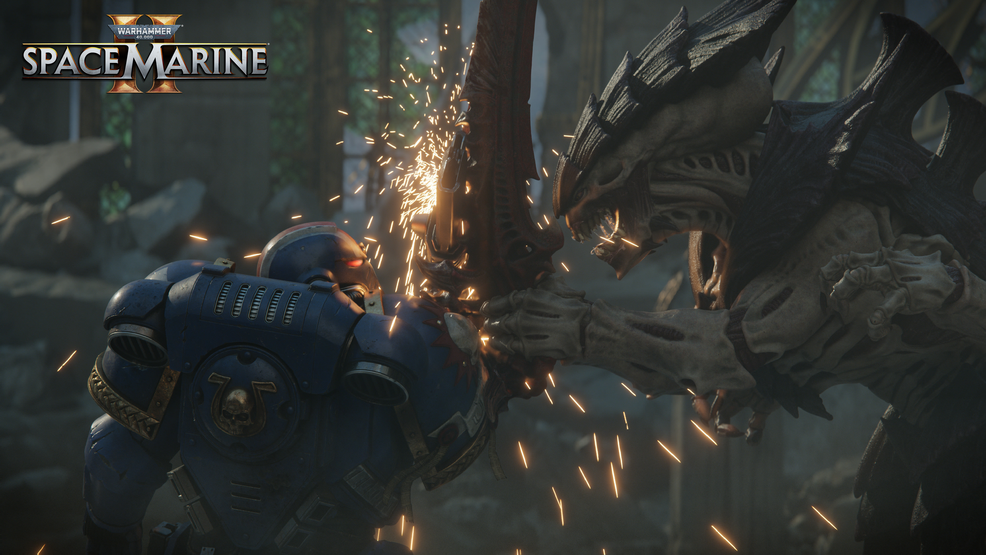 Warhammer 40,000: Space Marine 2 logo, Ultramarine Space Marine, Tyranid Warrior, 4K Desktop wallpaper