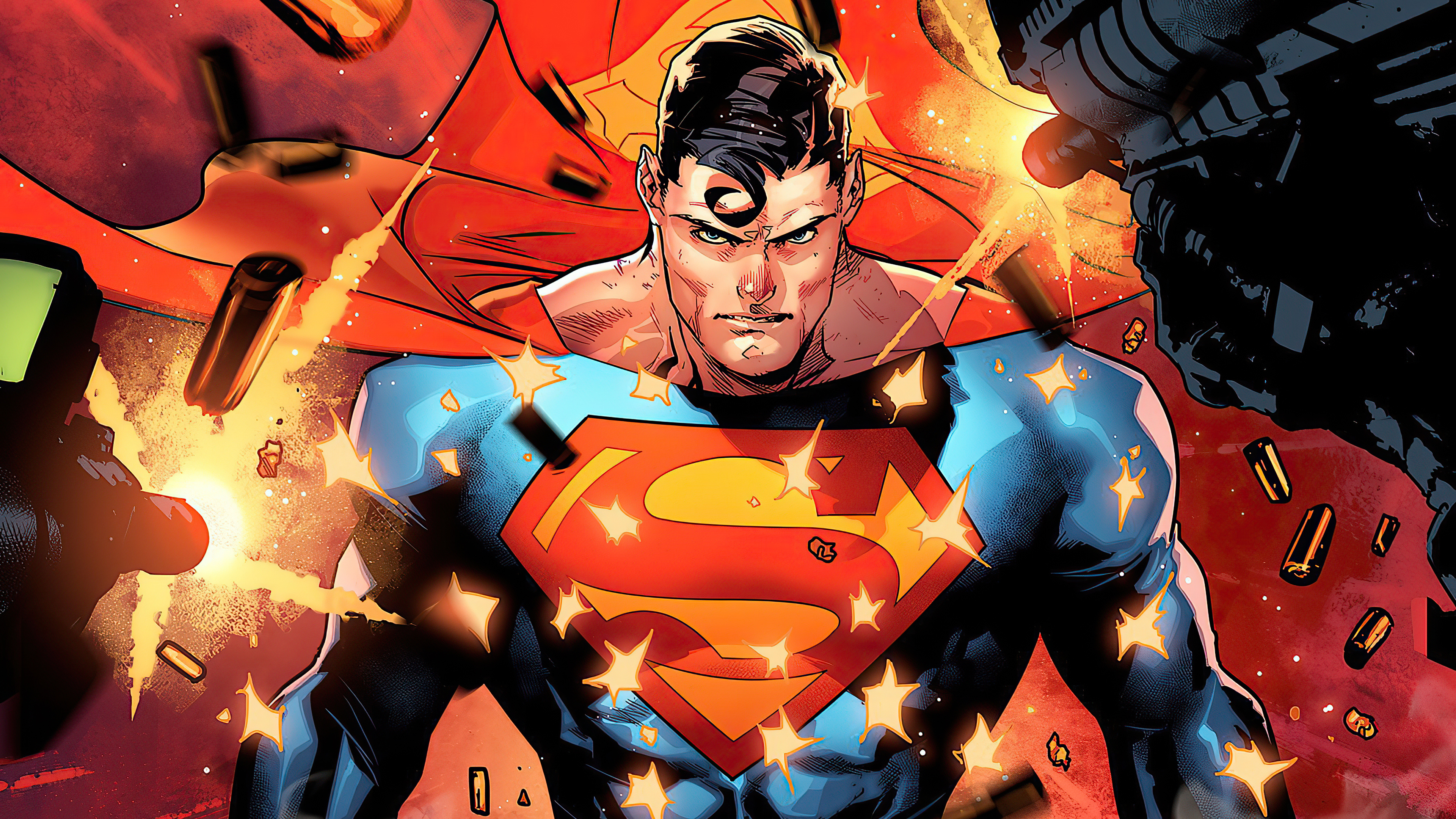 Superman, Superman S-shield emblem, ricocheting bullets, 4K Desktop wallpaper