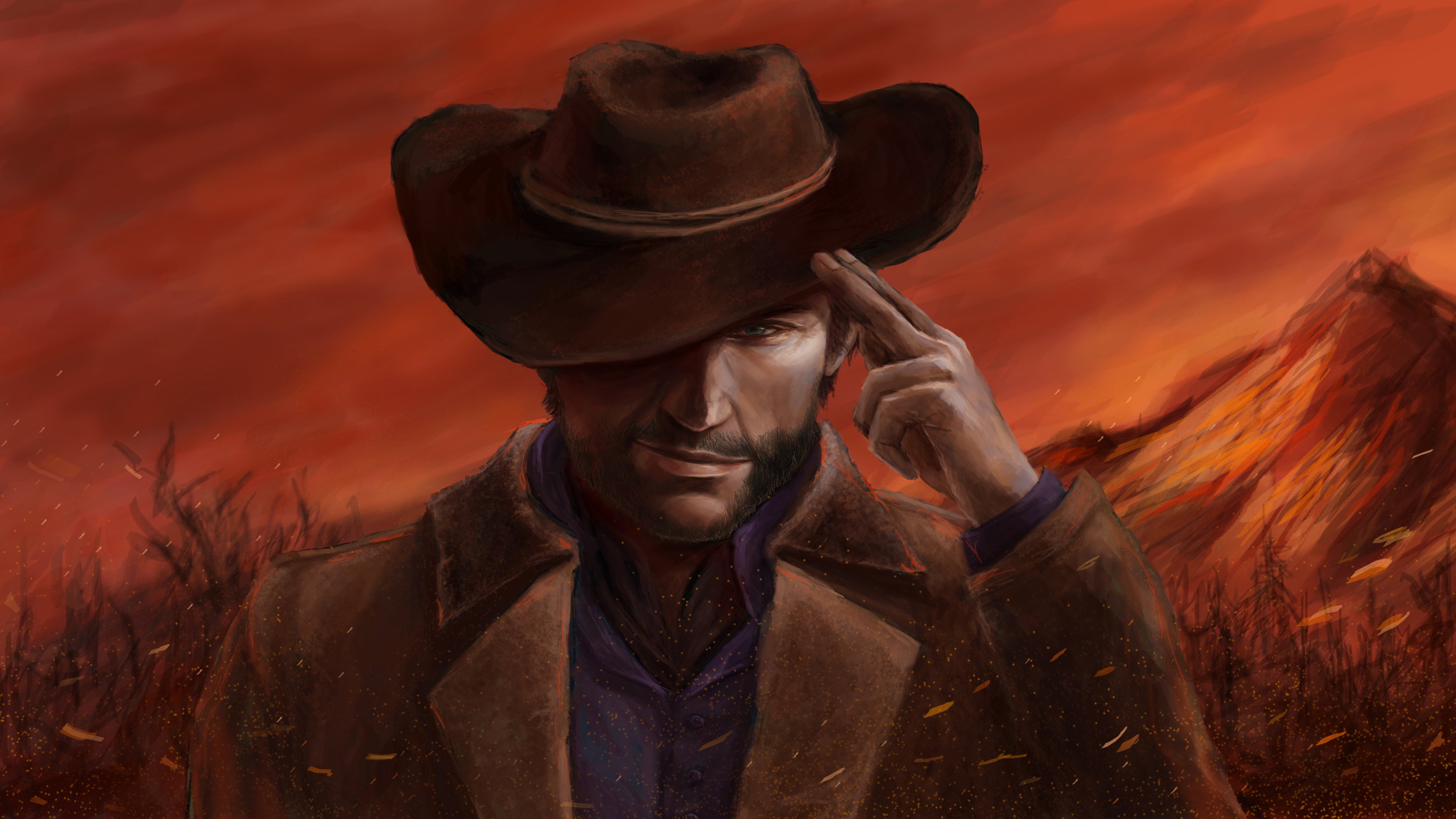 Arthur Morgan, brown leather cowboy hat, fiery red sunset, 4K Desktop wallpaper