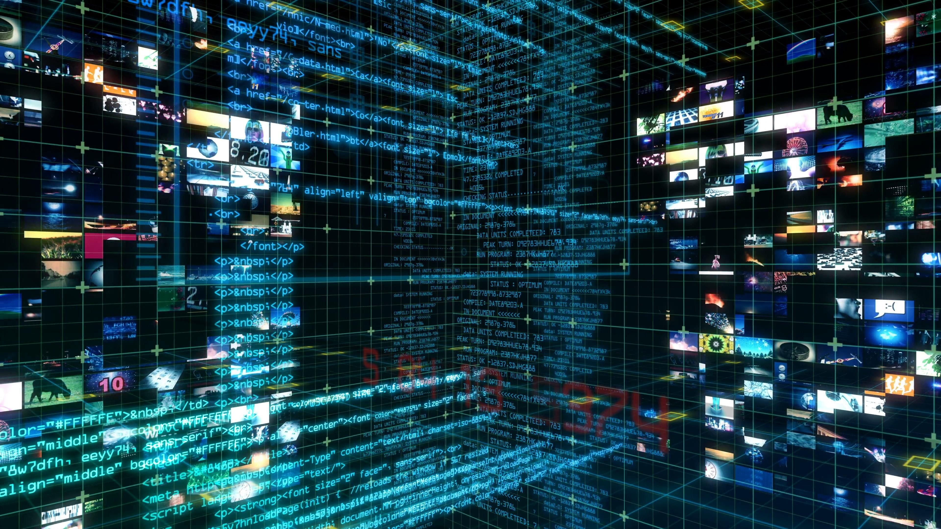 HTML source code overlay, floating media thumbnail wall, green 3D wireframe grid, cyberspace data stream, 4K Desktop wallpaper