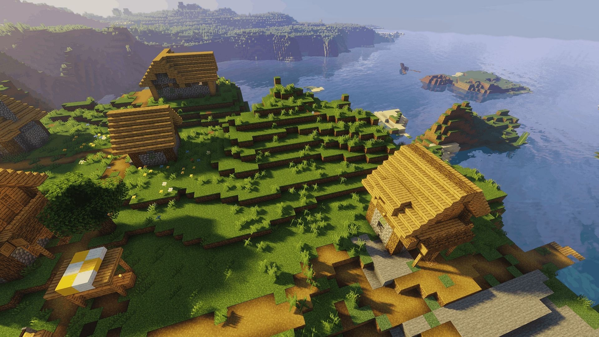 Minecraft plains village, Minecraft coastal cliff, Minecraft ocean biome, Full HD Desktop wallpaper