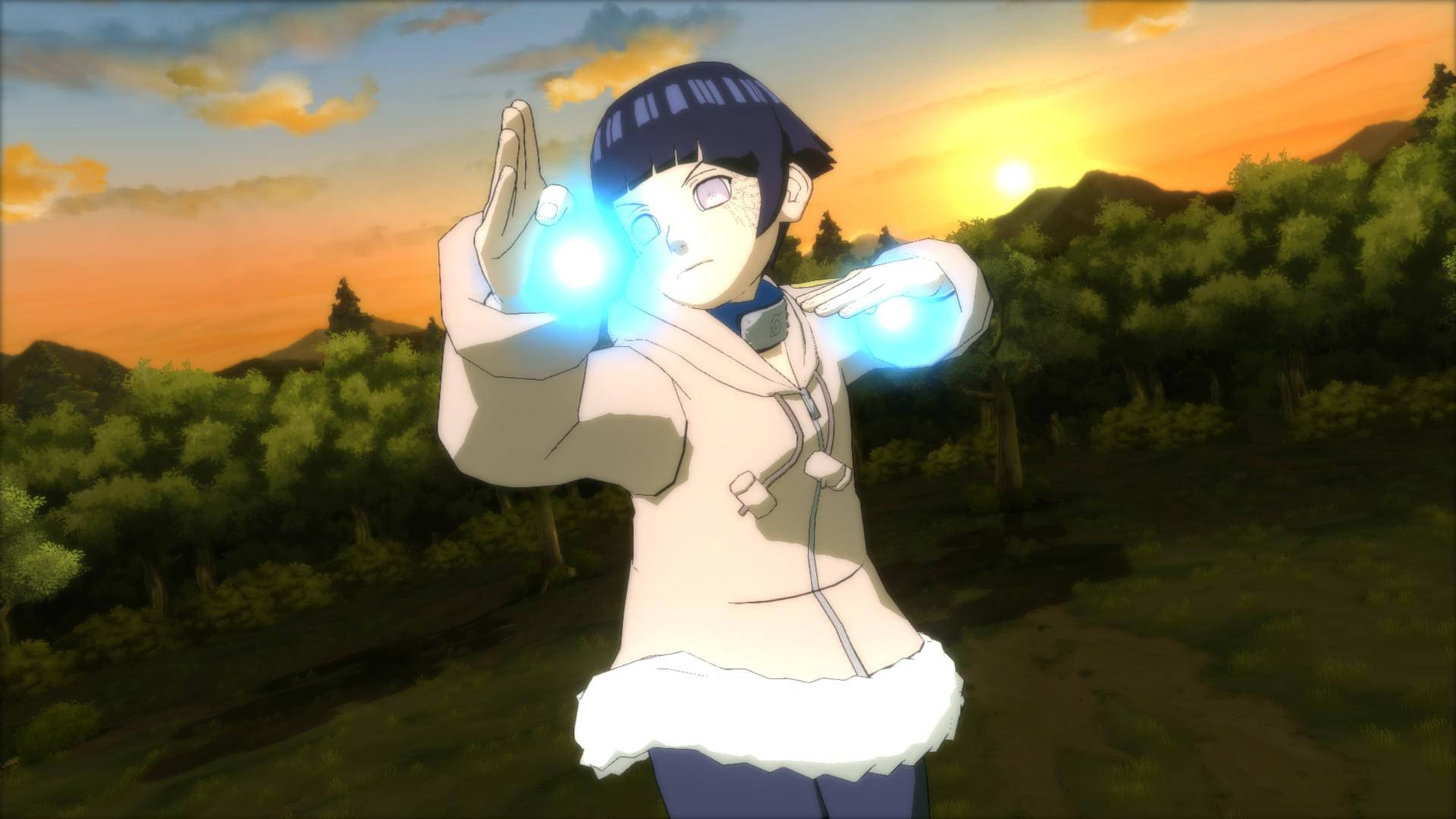 Young Hinata Hyuga, Gentle Fist chakra palms, Sunset forest landscape, Full HD Desktop wallpaper