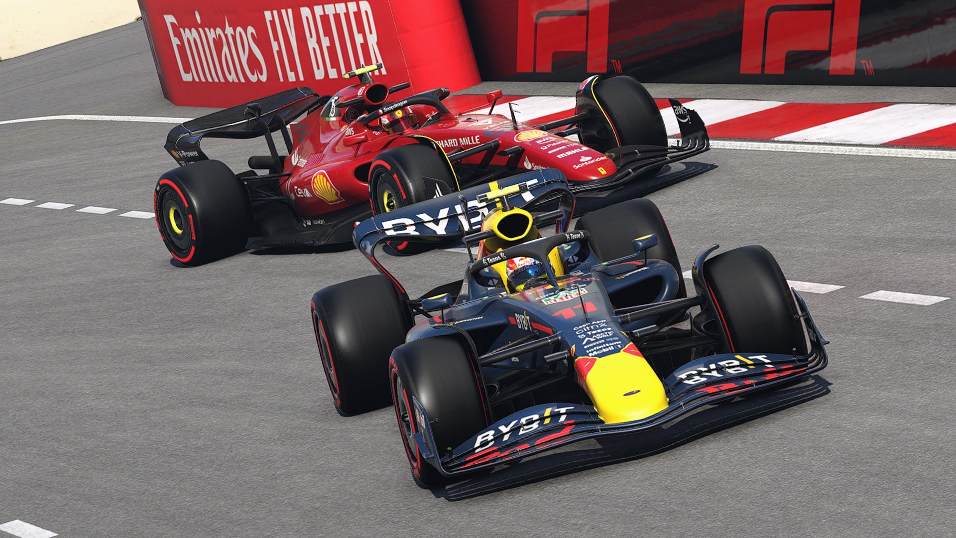 Red Bull RB18, Ferrari F1-75, Emirates Fly Better barrier, Full HD Desktop wallpaper