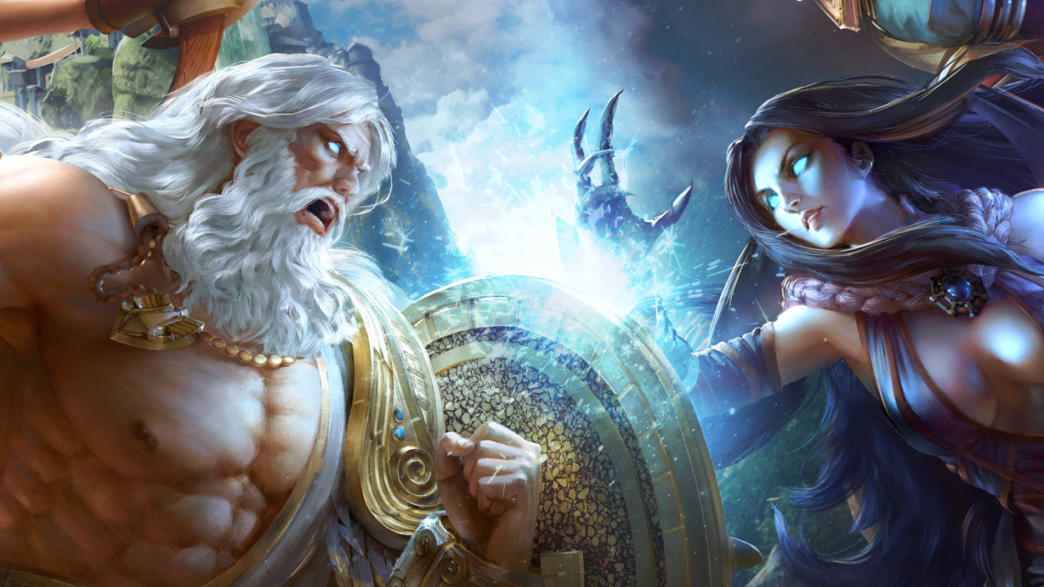Zeus, Zeus and Hel artwork, Stunning launcher wallpaper, Mythical duo, 2050x1160 HD Desktop