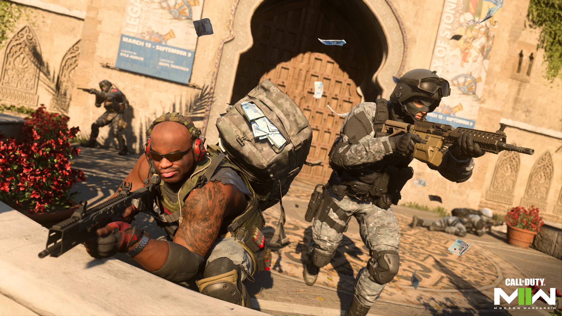 Call of Duty: Modern Warfare II, Operator carrying money duffle bag, Camouflage tactical soldier aiming rifle, Full HD Desktop wallpaper